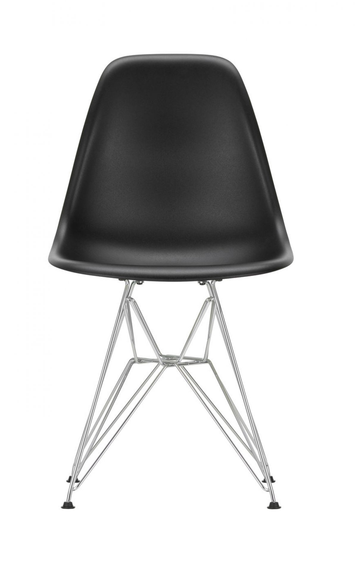 Eames Plastic Side Chair DSR: Schwarzer Design Stuhl mit Chromgestell von Vitra.