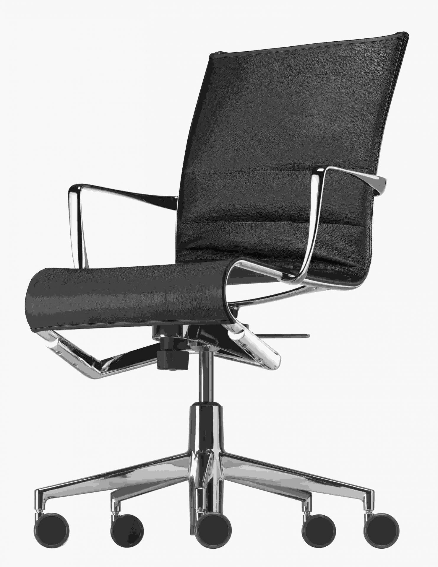 Schwarzer Rollingframe Drehstuhl mit Chromgestell und Rollen, ideal für Büro und Homeoffice.