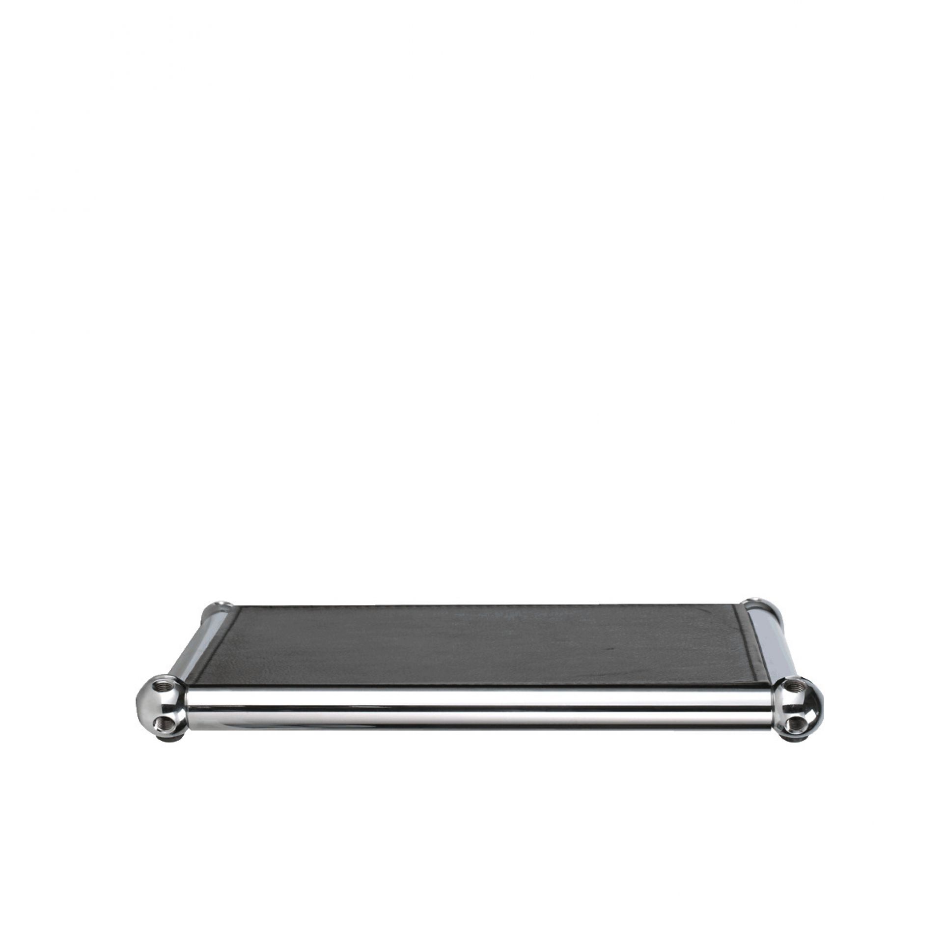 Nahaufnahme einer hellgrauen Lederauflage für USM Möbel, 25x17,5 cm, Leder auf Chrom.