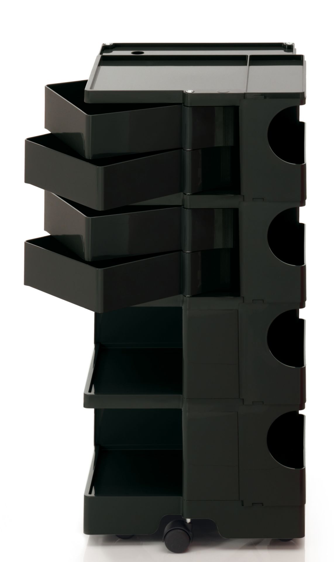 Schwarzer Boby Rollcontainer mit Schubladen und Fächern, flexibel und mobil für Büro und Zuhause.