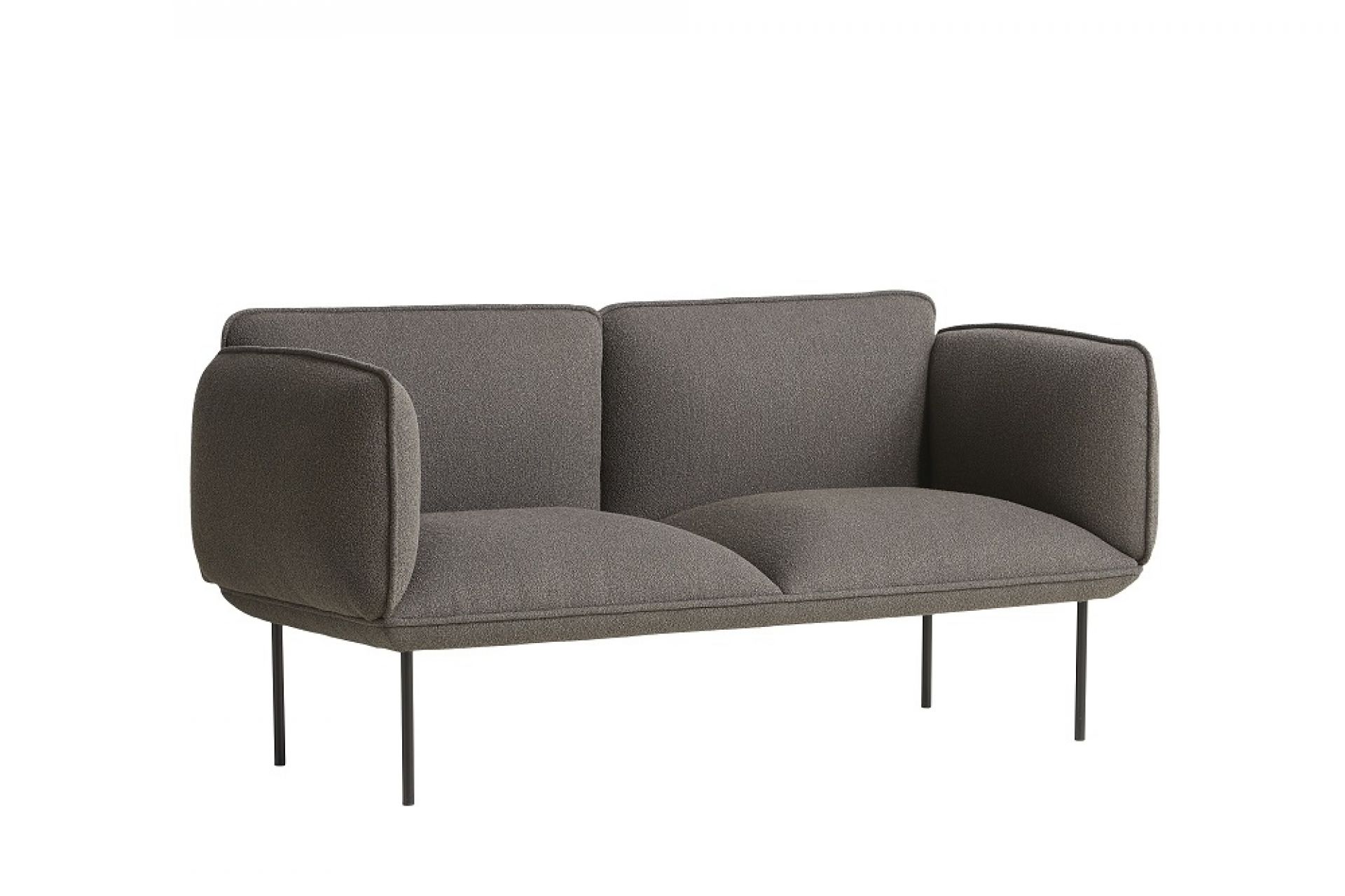 Nakki Sofa: Graues 2-Sitzer Sofa von Woud mit minimalistischem Design und schwarzen Metallbeinen.