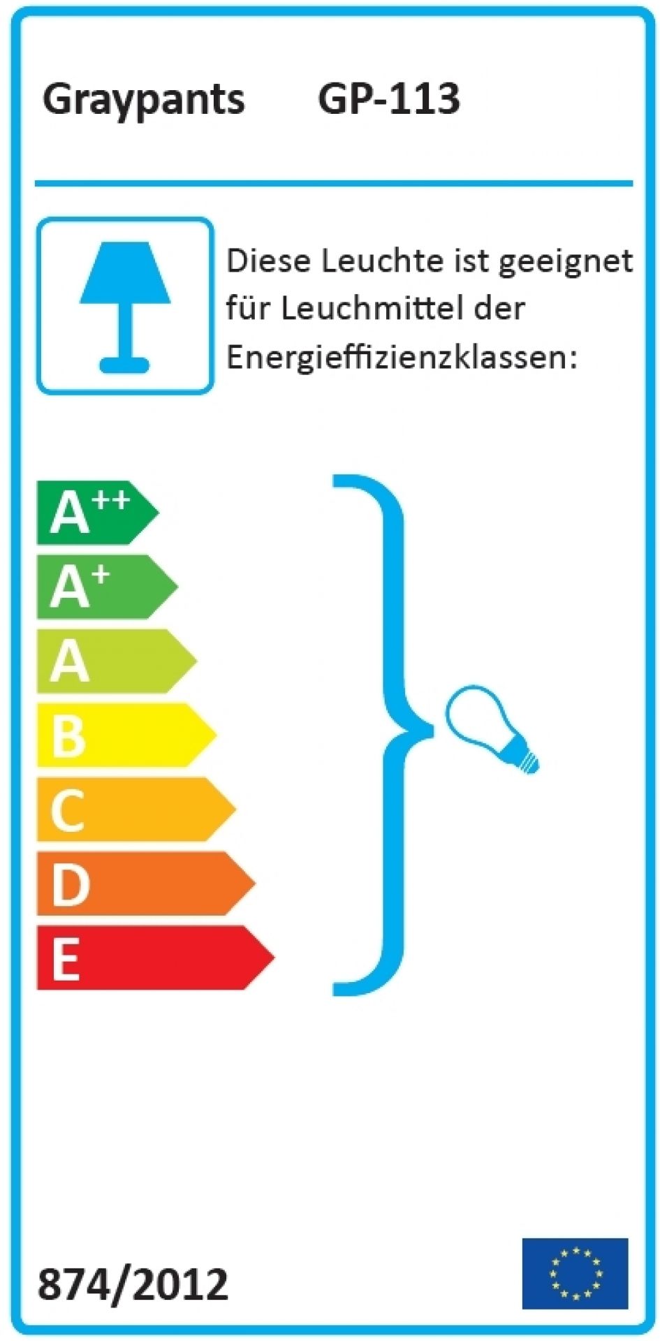 Energieeffizienzlabel der Graypants Ausi14 Scraplights Hängeleuchte, das die Energieeffizienzklassen A++ bis E zeigt.
