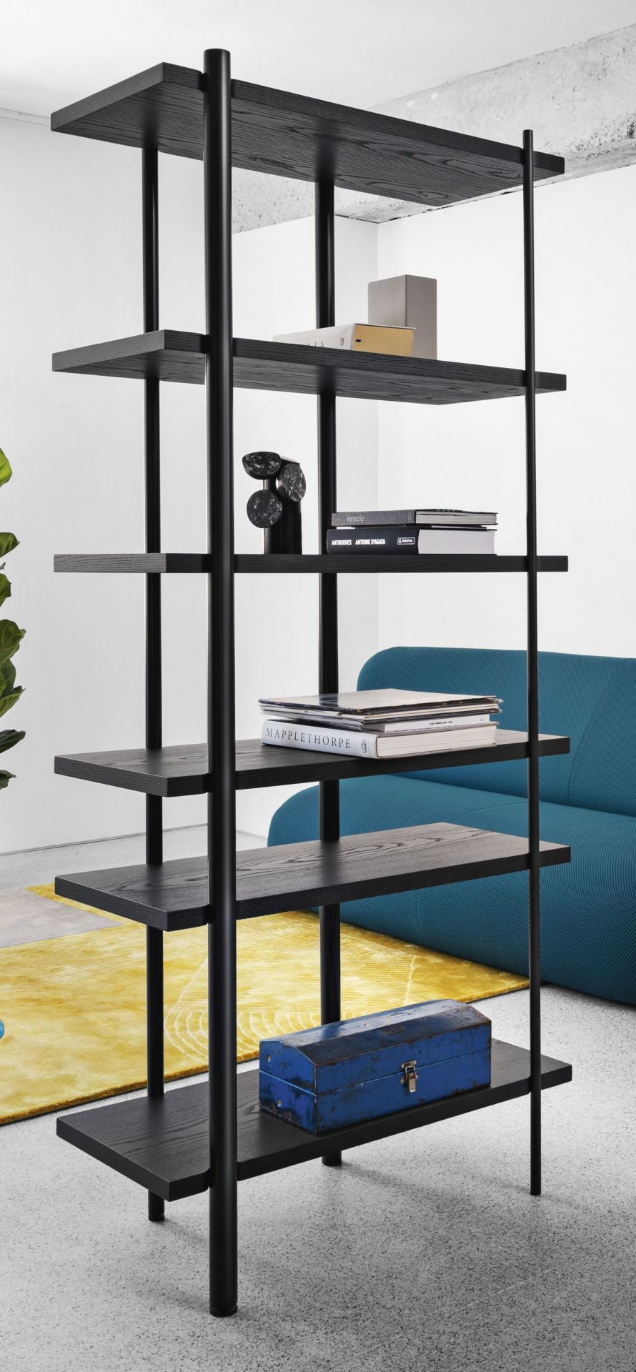 Milonga Regal von Miniforms: Schwarzes Regal mit lackierten Holzbrettern für Wohnzimmer und Büro.