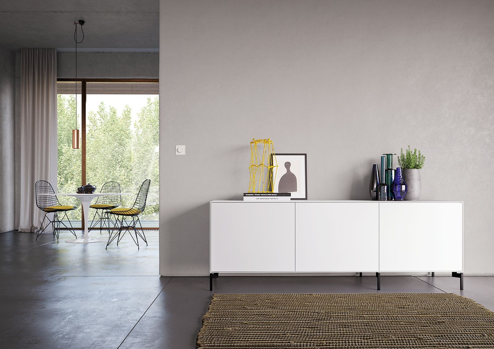 Weißes Nex Pur Box Board von Piure im modernen Wohnzimmer mit Deko und Teppich.