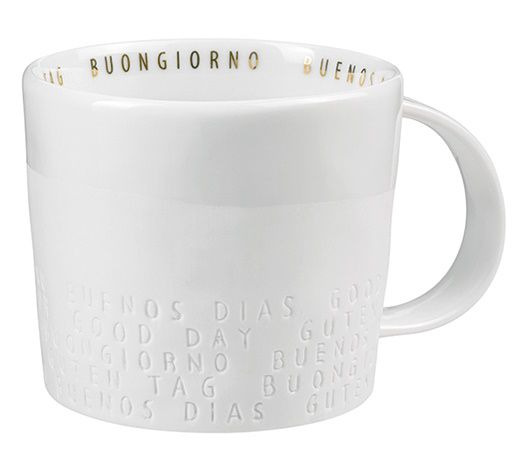 Weiße Tasse aus dem "Guten Appetit" 3er Set von Räder mit internationalen Guten-Morgen-Grüßen.