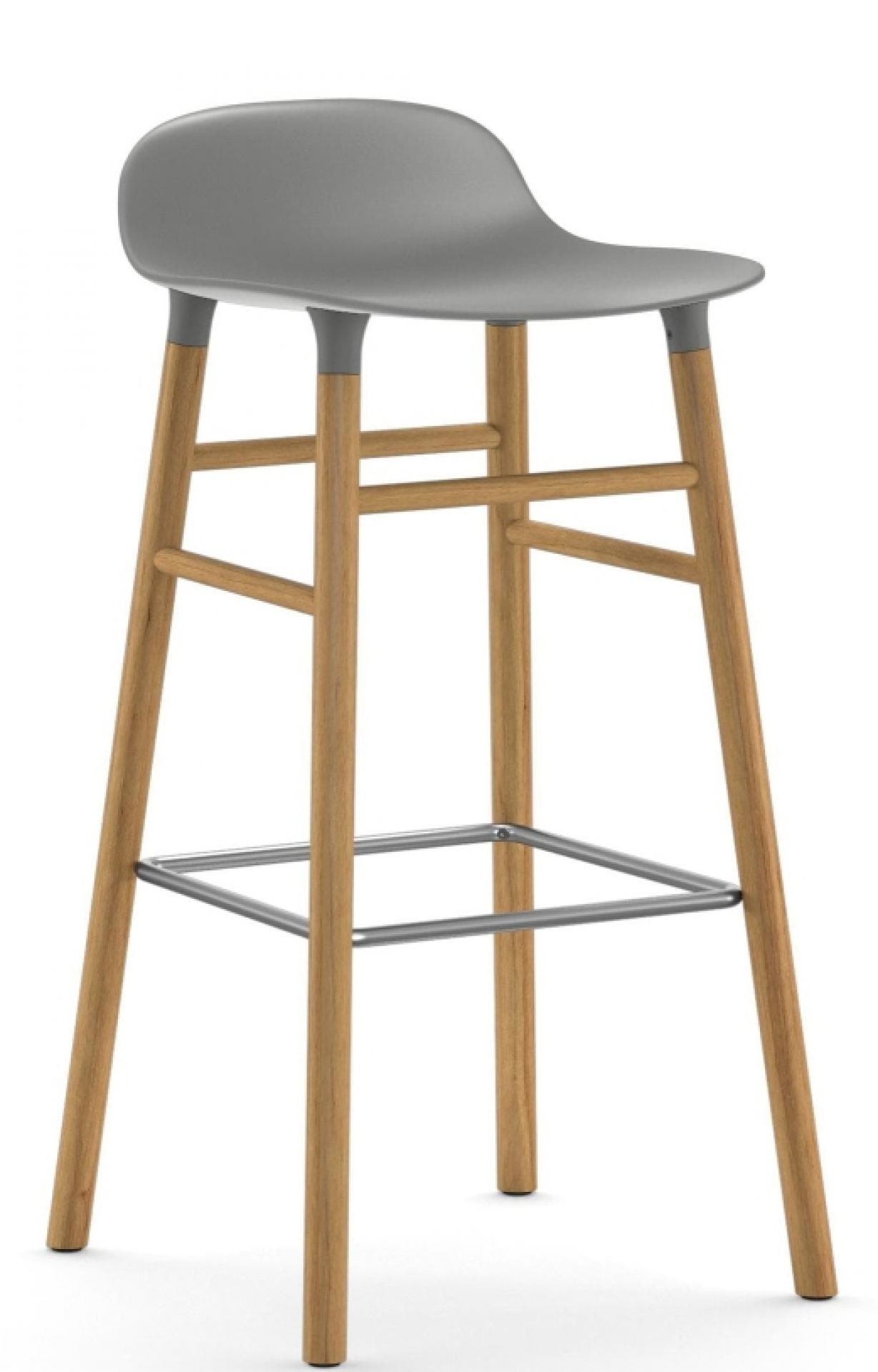 Grauer Form Barstool Barhocker von Normann Copenhagen mit Holzbeinen und Fußstütze.