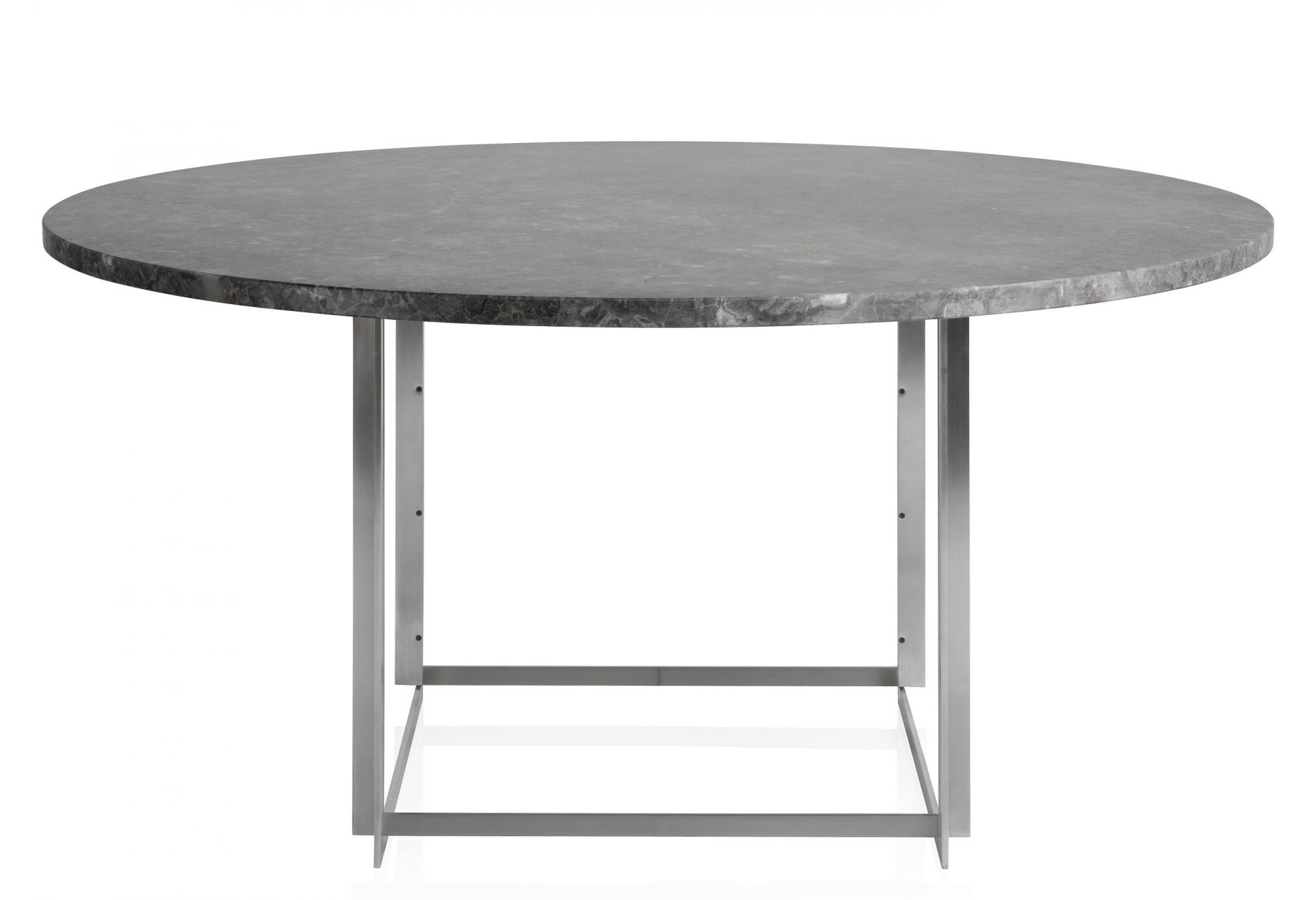 PK54 Esstisch von Fritz Hansen, runde Tischplatte aus grauem Marmor, Gestell aus gebürstetem Stahl.