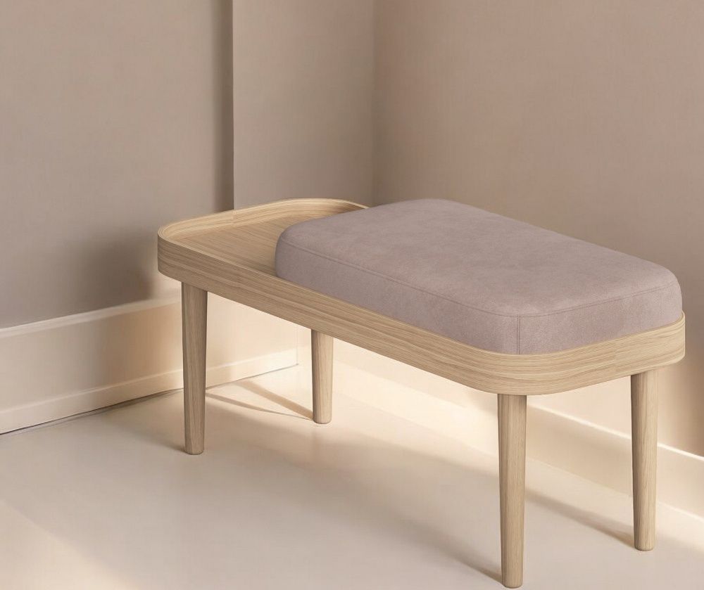 Serena Bank Eiche natur mit weißem Nubbio-Sitzpolster, moderne Holzbank für Wohnzimmer und Flur.