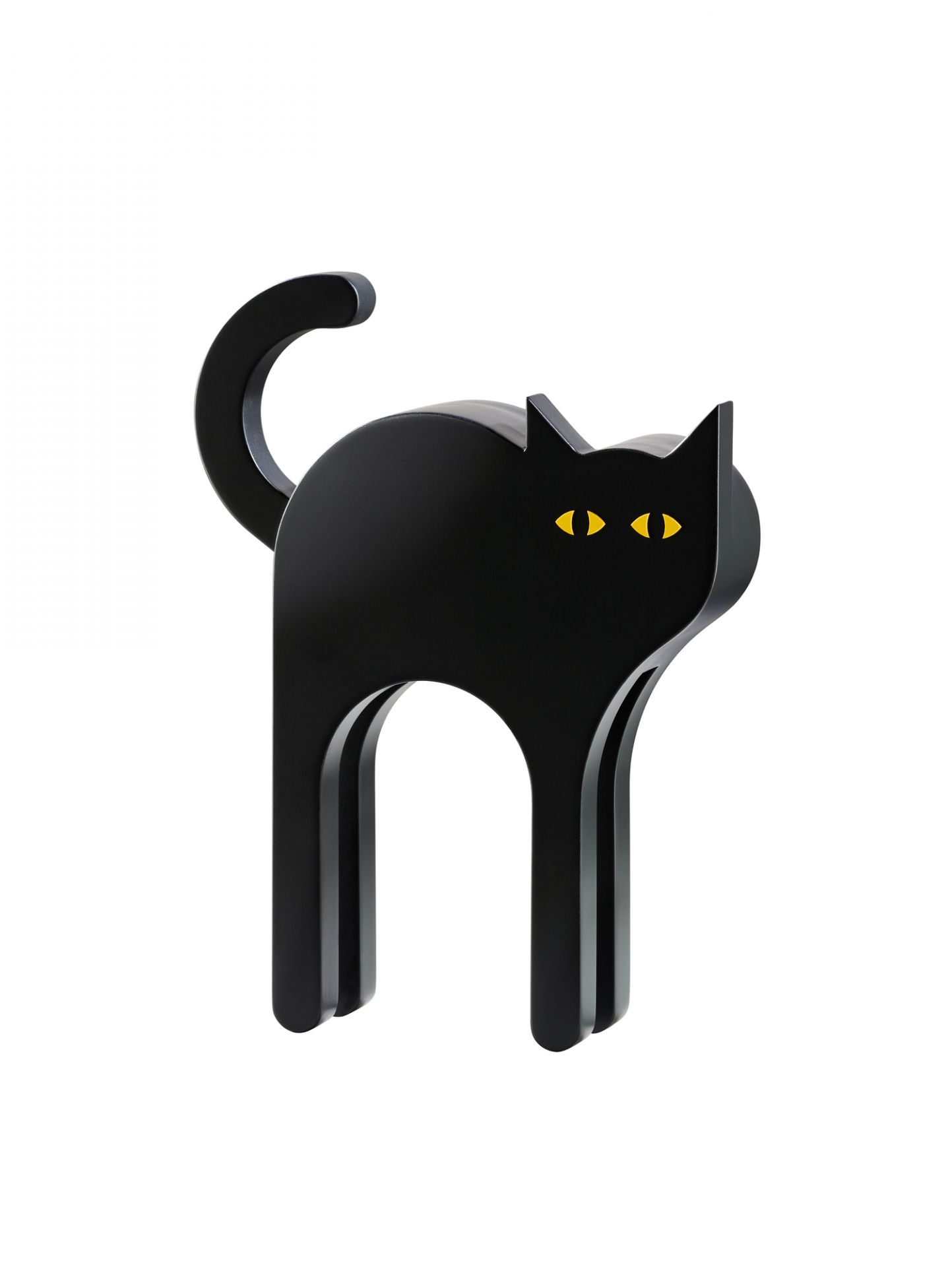 Schwarze Tecta Holzfigur Katze mit gelben Augen, moderne Dekoration für Katzenliebhaber.