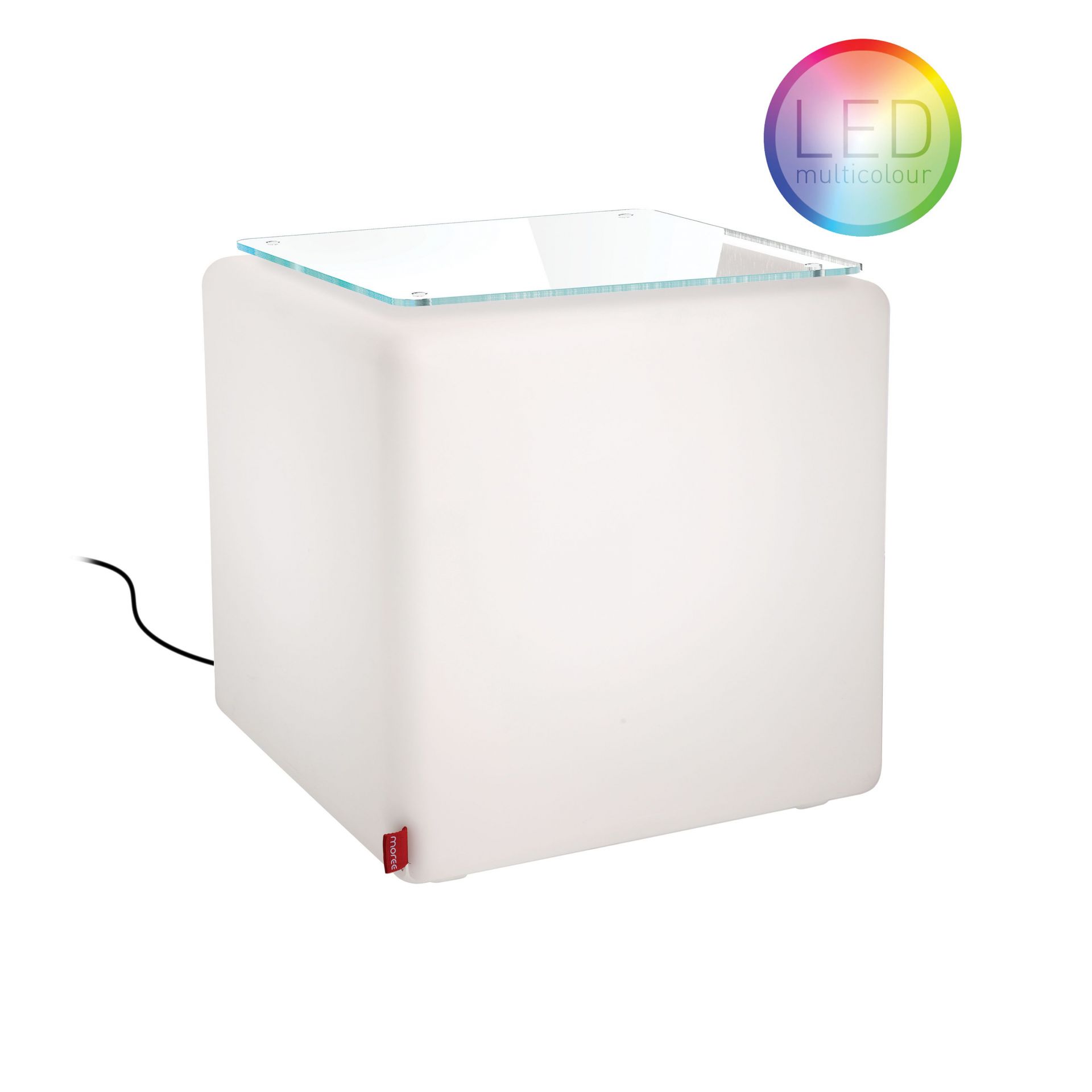 CUBE LED Hocker/Beistelltisch von Moree, weiß, mit Glasplatte und Multicolor-LED-Beleuchtung.