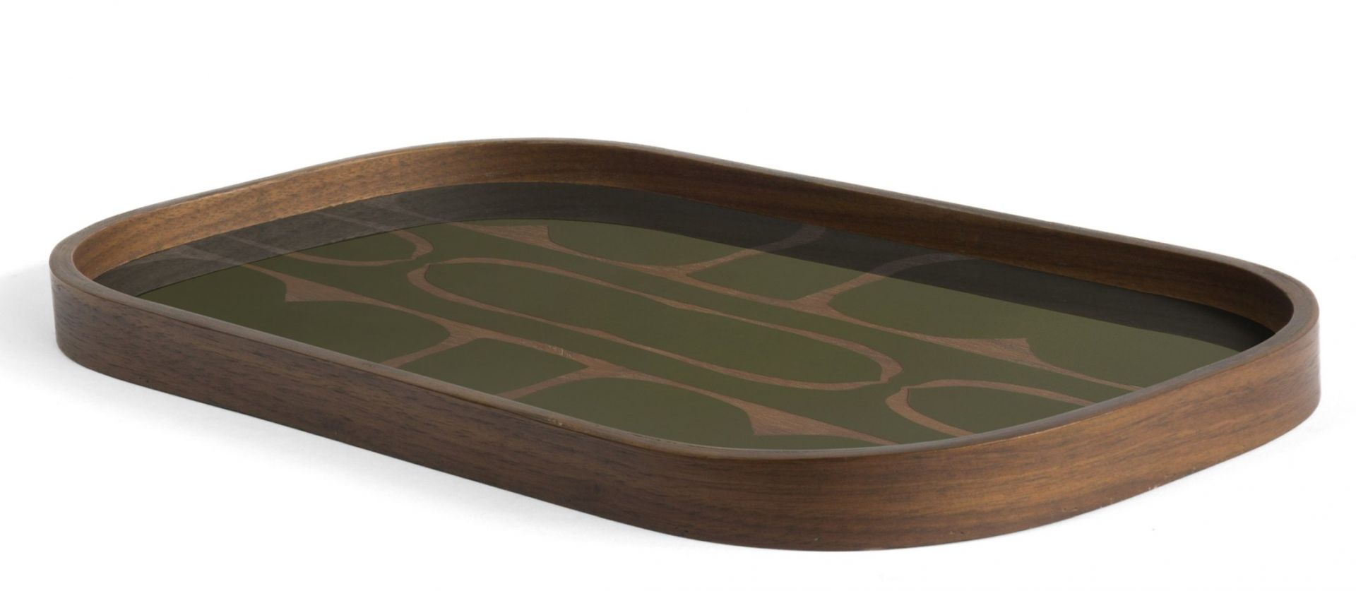 Rechteckiges Second Nature Tablett von Ethnicraft aus Holz mit grünem, gemustertem Einsatz.