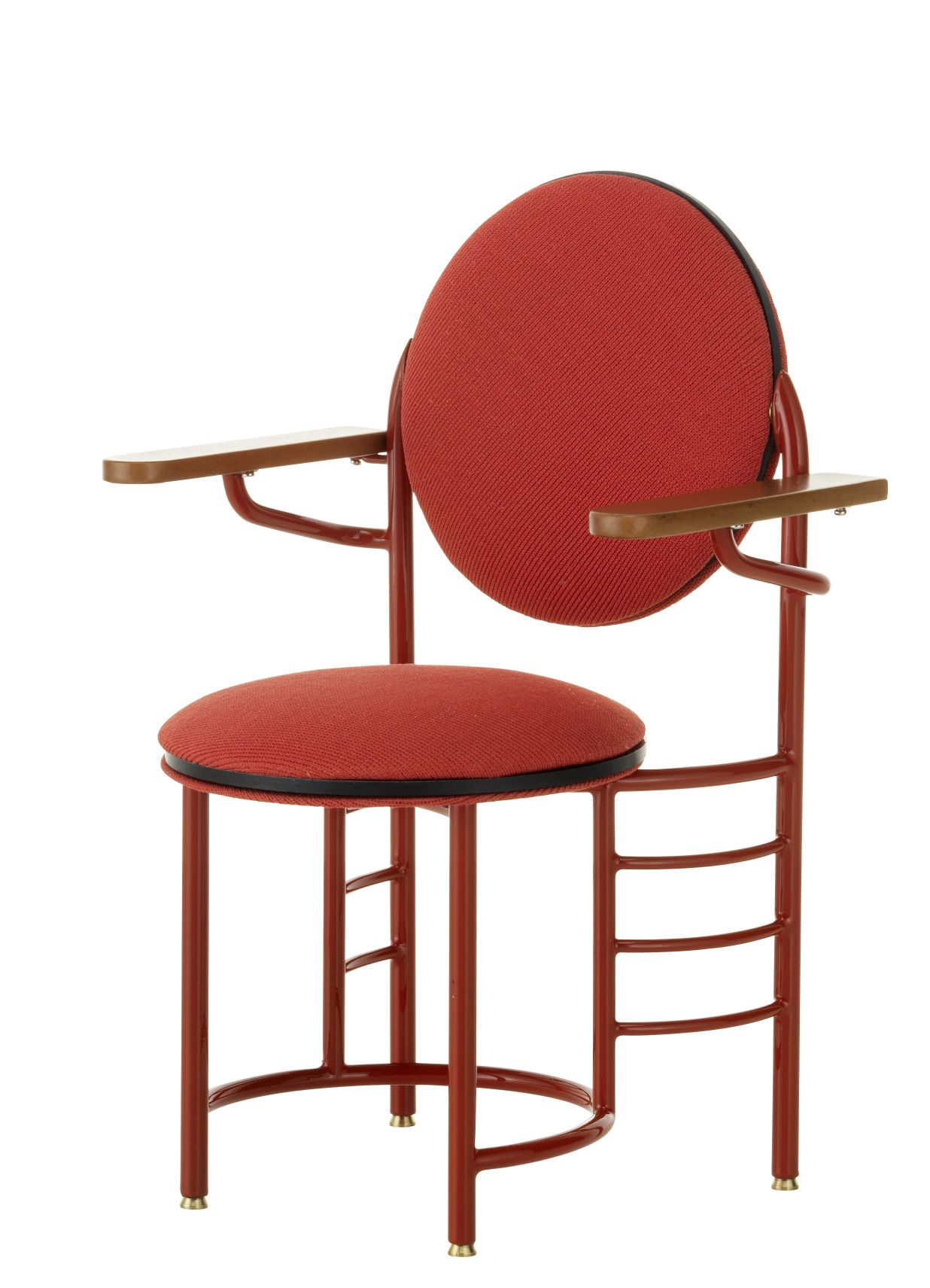 Roter Johnson Wax Chair von Vitra, ein Designklassiker mit Armlehnen und runder Rückenlehne.