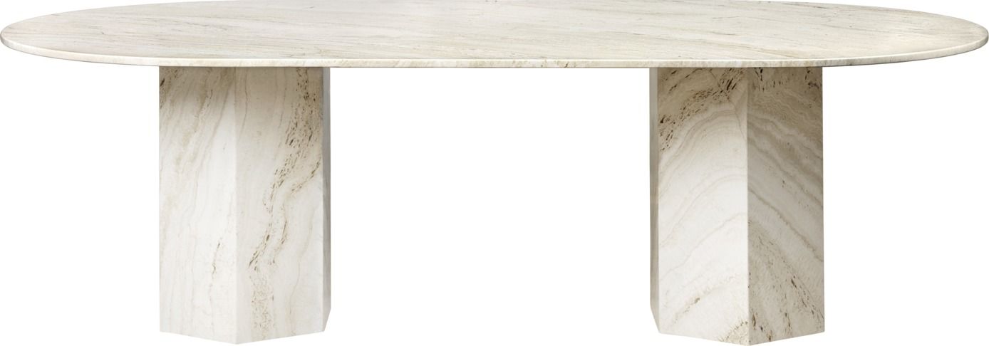 Elliptischer Esstisch aus Travertin, ähnlich dem Gubi Epic Tisch, mit zwei trapezförmigen Beinen.