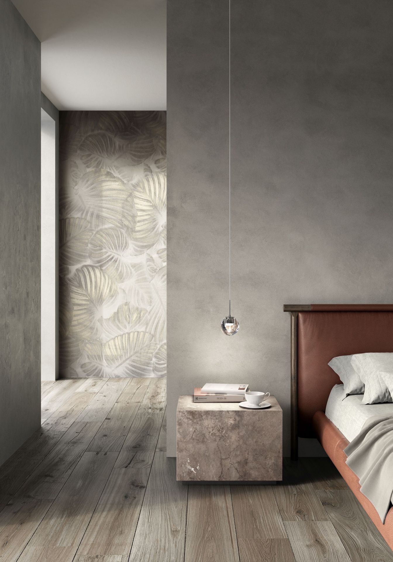 Dew Pendelleuchte von Kdln über Nachttisch mit Lampe und Buch im Schlafzimmer.