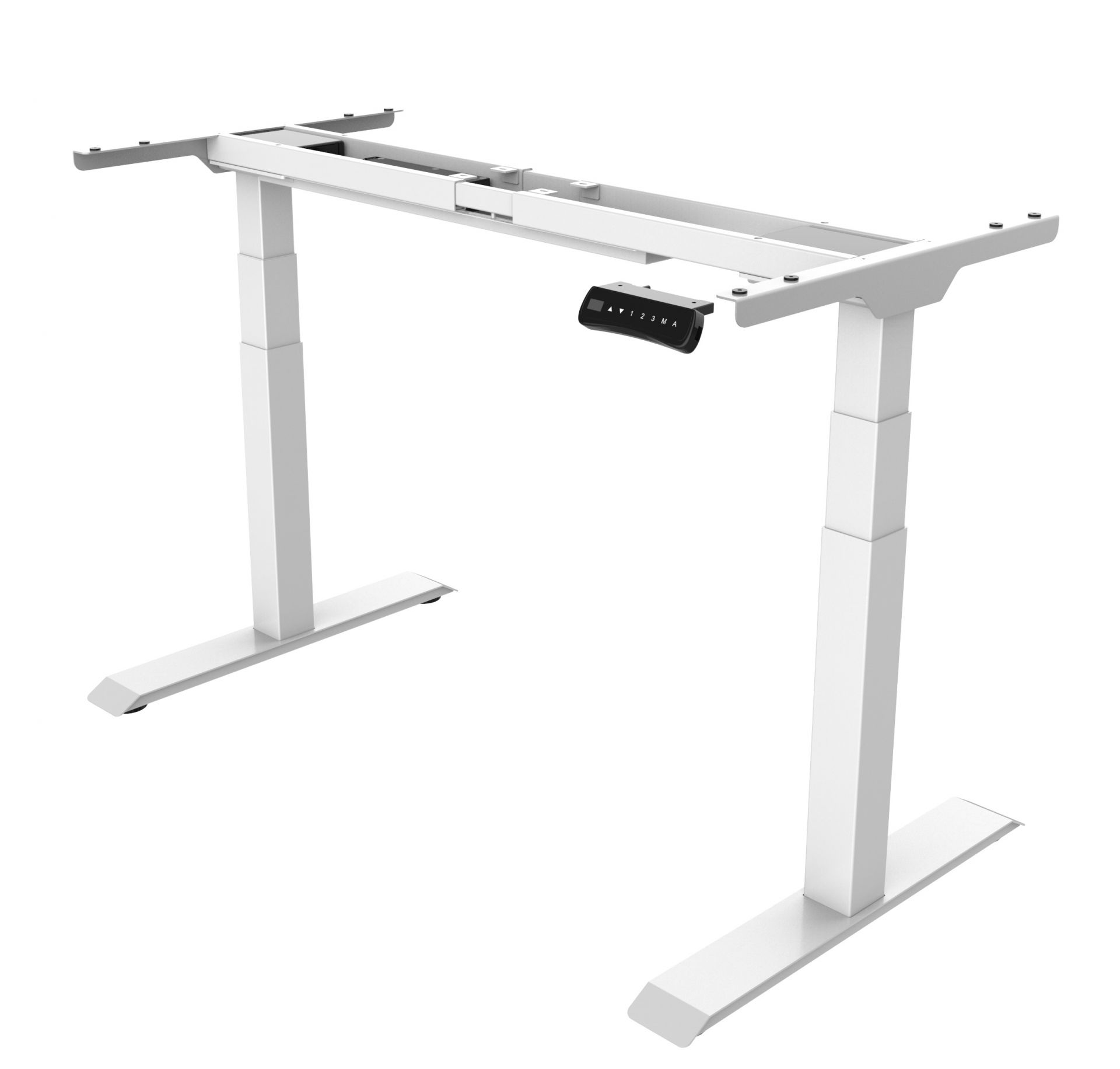 Weißes Hiplift Untergestell für höhenverstellbaren Schreibtisch mit elektrischer Steuerung für Büro und Homeoffice.