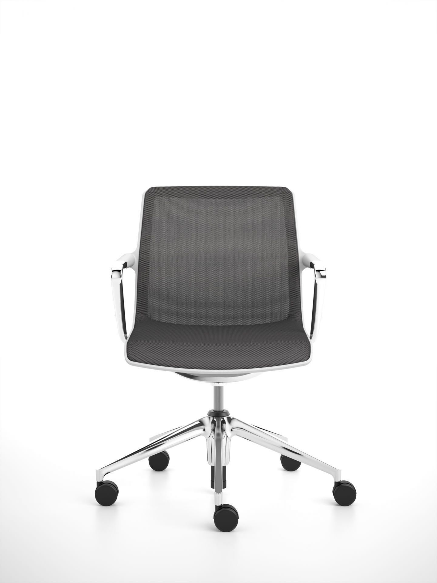 Vitra Unix Chair Bürostuhl mit grauem Netzbezug und Fünfsternfuß auf weißem Hintergrund.