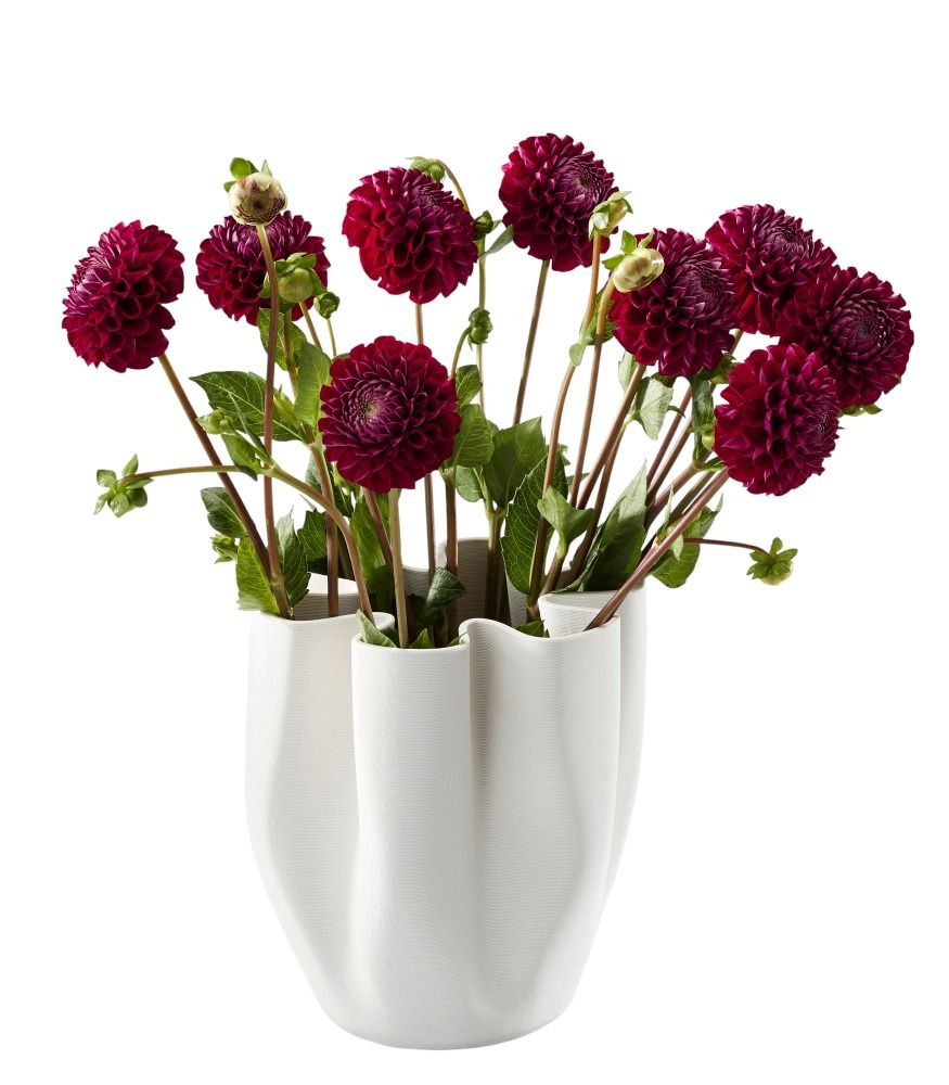 Weiße Livree Vase von Philippi mit dunkelroten Dahlien als Blumendekoration. Moderne Blumenvase für stilvolle Einrichtung.
