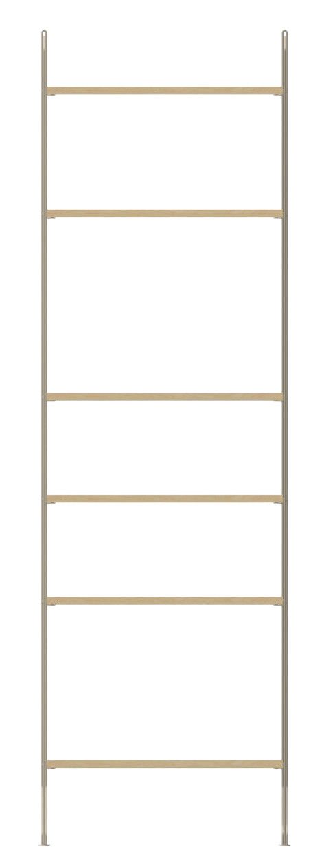 Wohnzimmer String Furniture Regal mit sechs hellen Holzregalböden und grauen Seitenteilen.