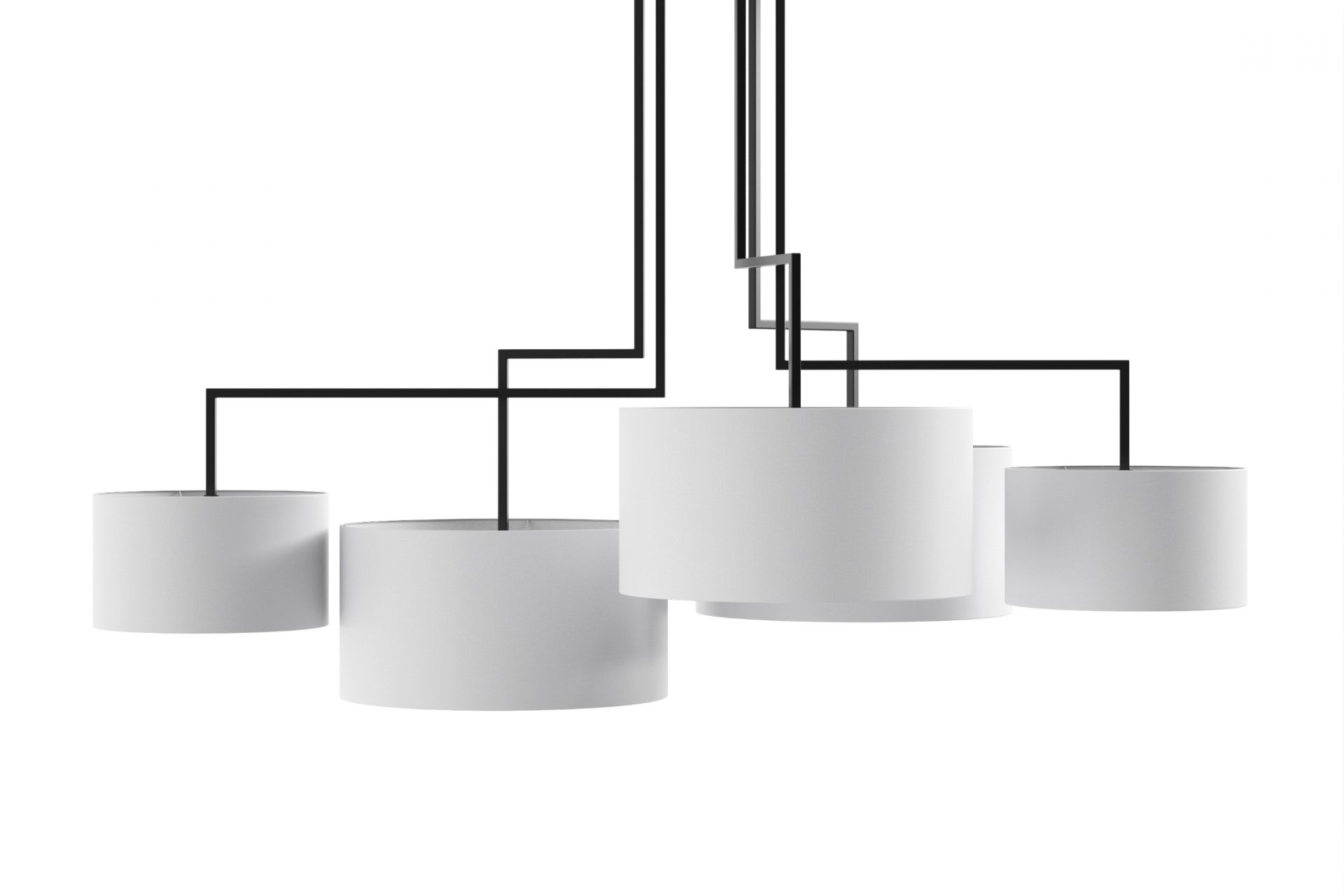 Noon 5 LED Leuchte in Weiß: Moderne Hängelampe mit fünf zylindrischen Lampenschirmen und schwarzer Aufhängung.