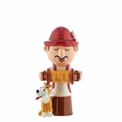 Alessi Happy Eternity Baby Figur: Mann mit Akkordeon und Hund mit Krone, Weihnachtsdekoration.