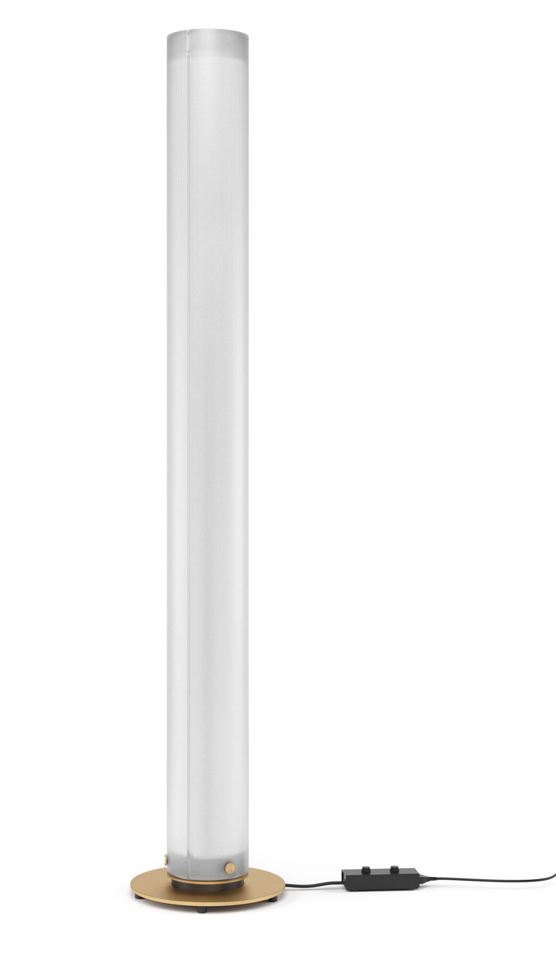 Twilight 360 Stehleuchte von Belux, moderne LED-Stehlampe mit zylindrischem Schirm und goldfarbenem Fuß.