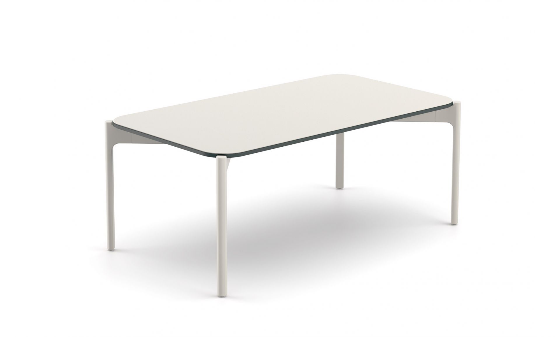 Izon Kaffeetisch von Dedon, 90x50cm, mit heller Tischplatte und filigranem, hellem Gestell.