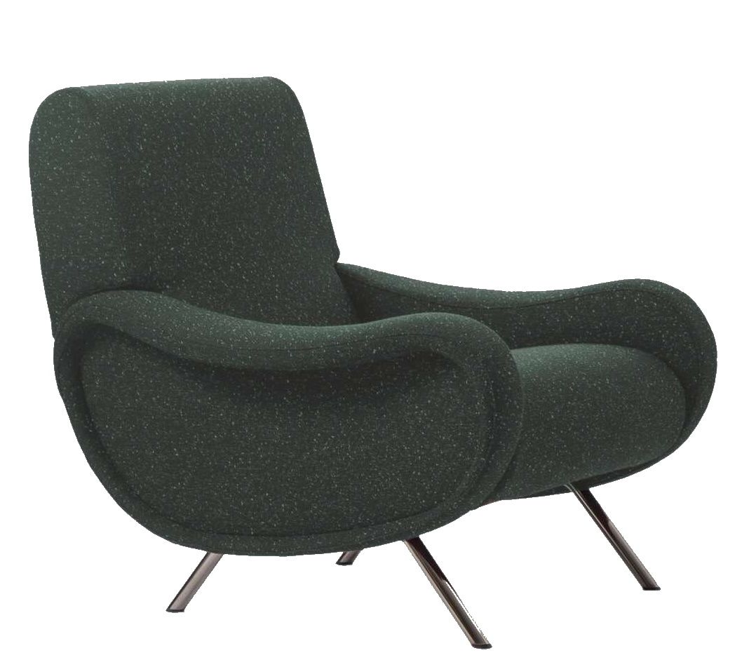 Dunkelgrüner Cassina Lady Sessel mit Stoffbezug und filigranem Metallgestell für modernes Wohnen.