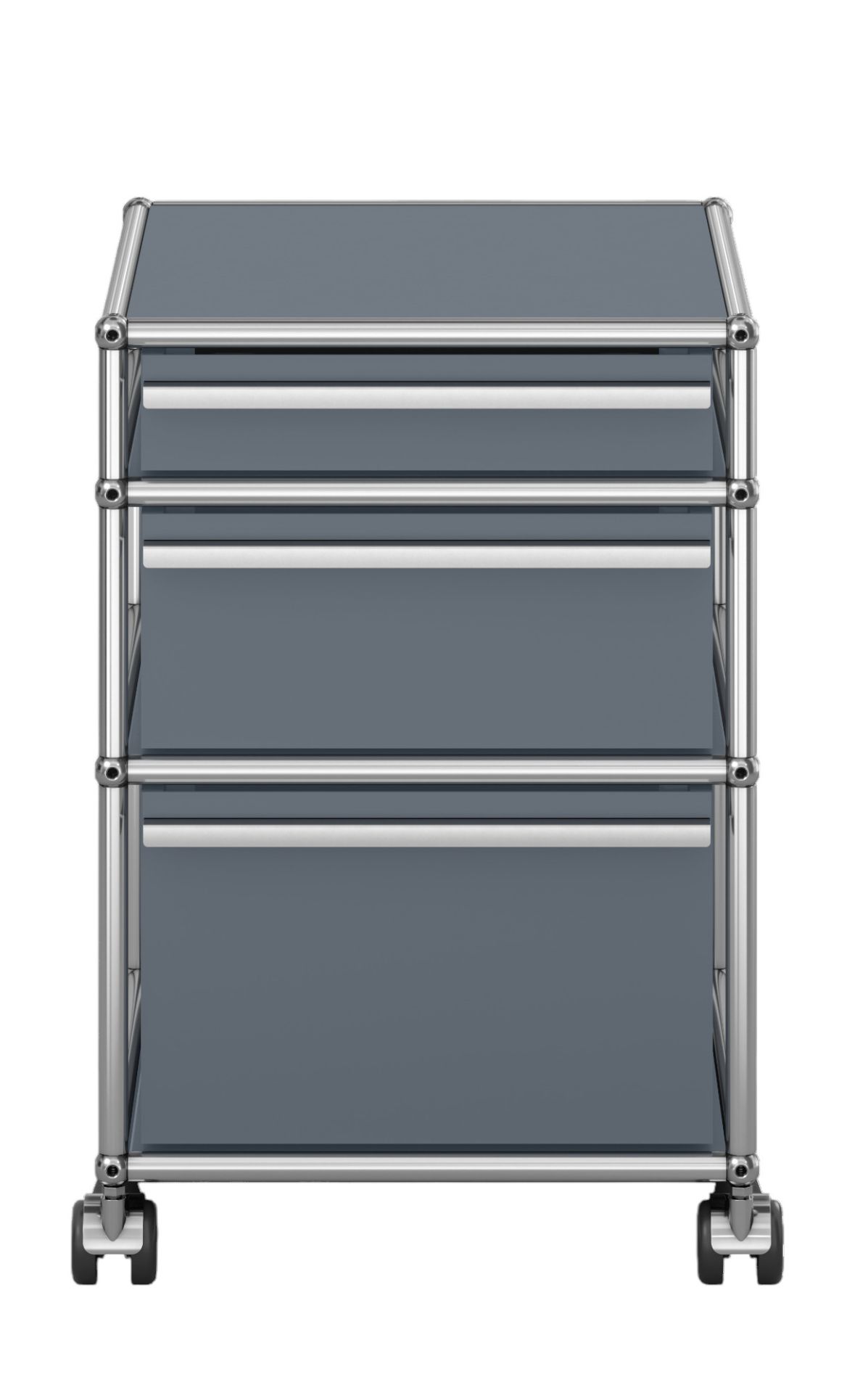 USM Haller Rollcontainer in Mittelgrau mit drei Schubladen, Chromgestell und Rollen, Frontansicht.