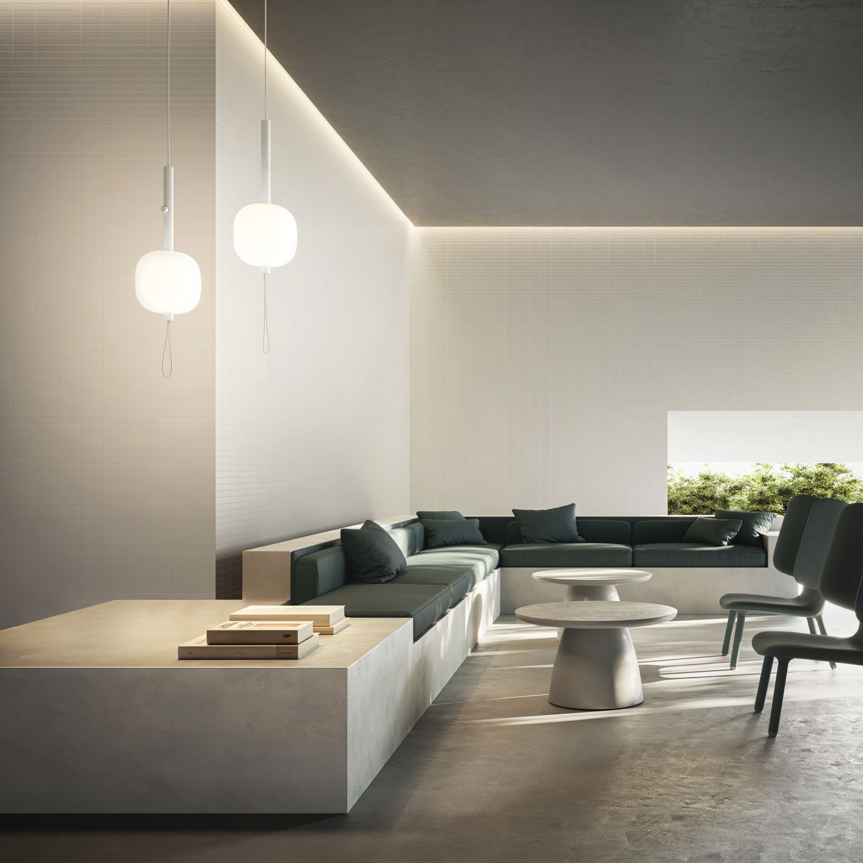 Helle, moderne Einrichtung mit zwei weißen Motus Pendelleuchten von Kdln über einem Wohnbereich.