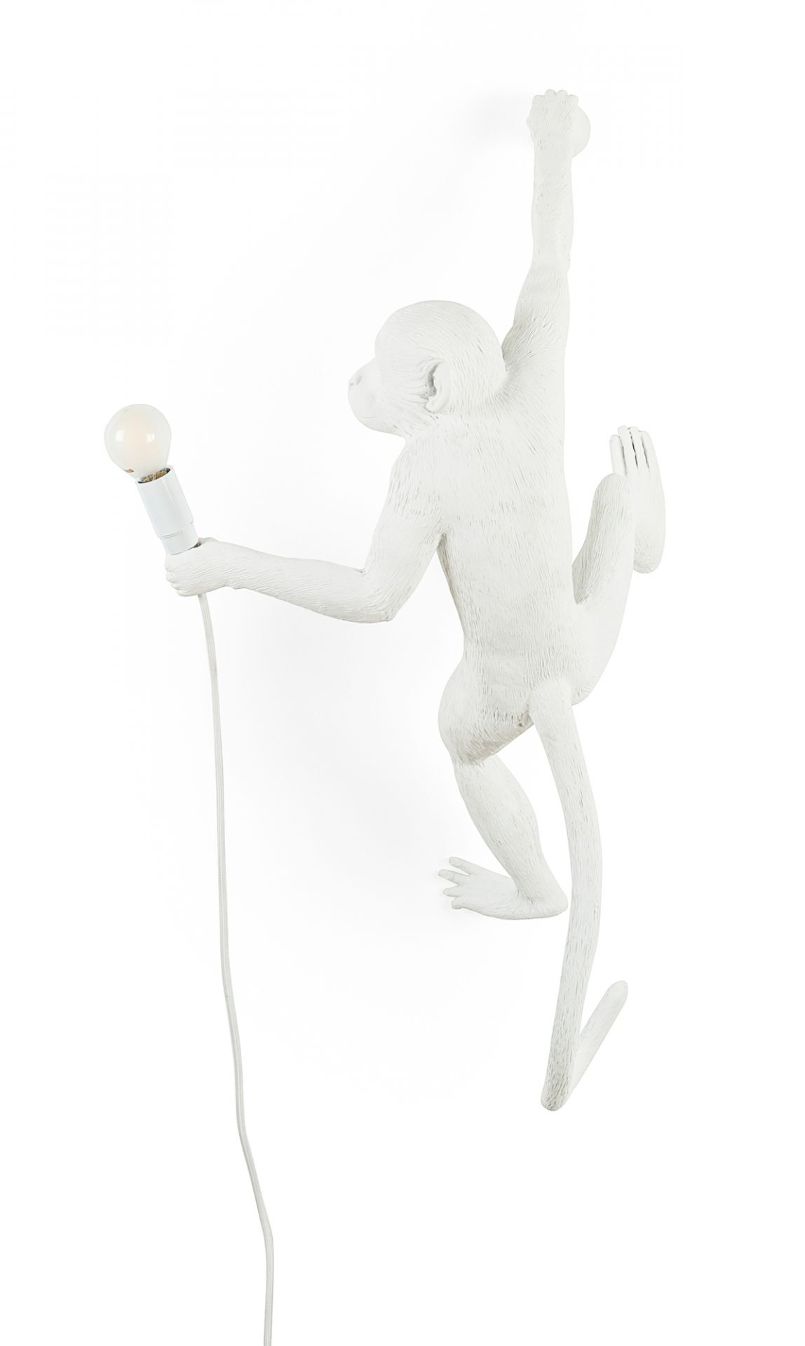 Weiße Monkey Lamp Wandleuchte (rechts) von Seletti: Affe hält eine Glühbirne. Dekorative Wandlampe.