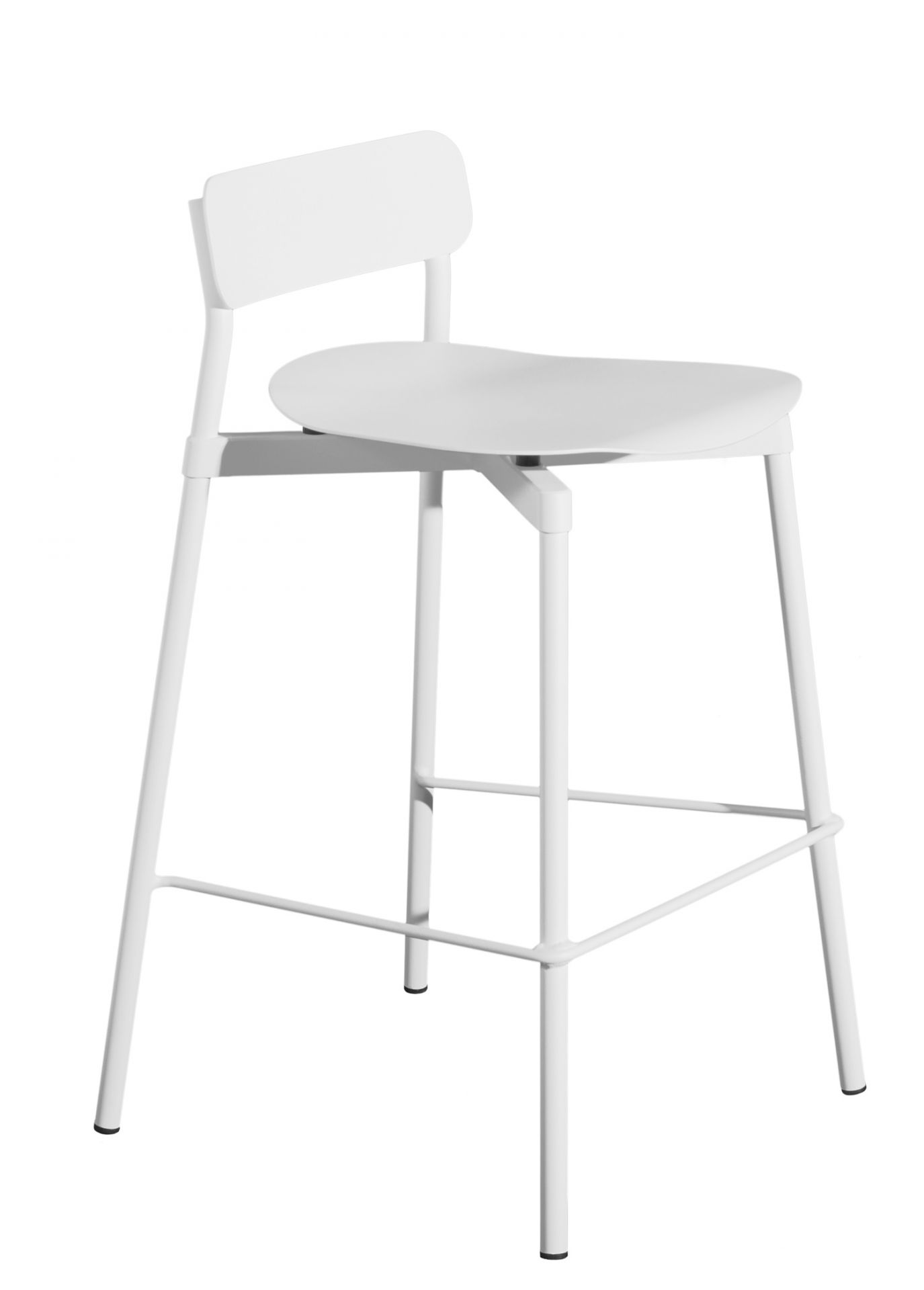 Weißer Fromme Barhocker von Petite Friture, H 65 cm, mit Rückenlehne und Fußstütze.