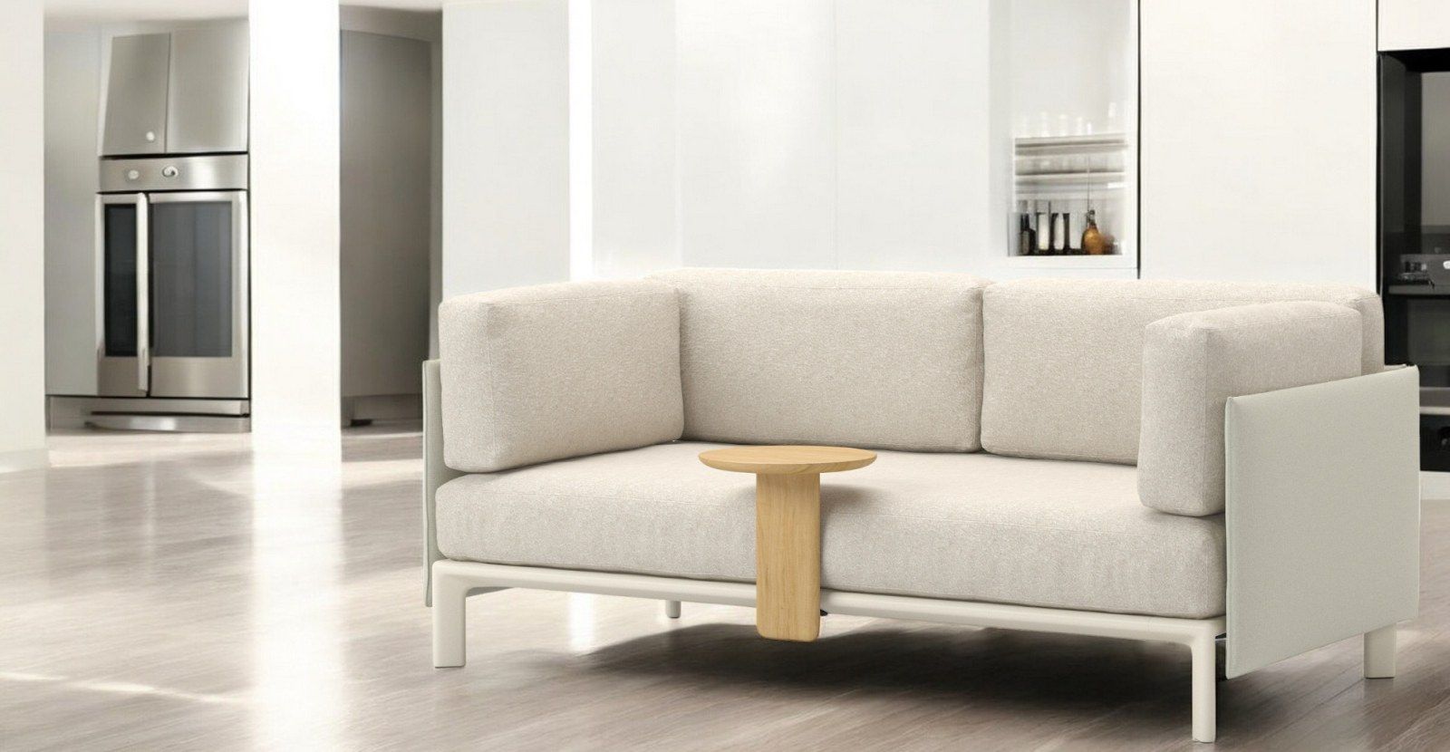 Anagram 2-Sitzer Sofa von Vitra mit Beistelltisch in hellem, minimalistischem Wohnraum. Modernes Design Sofa.