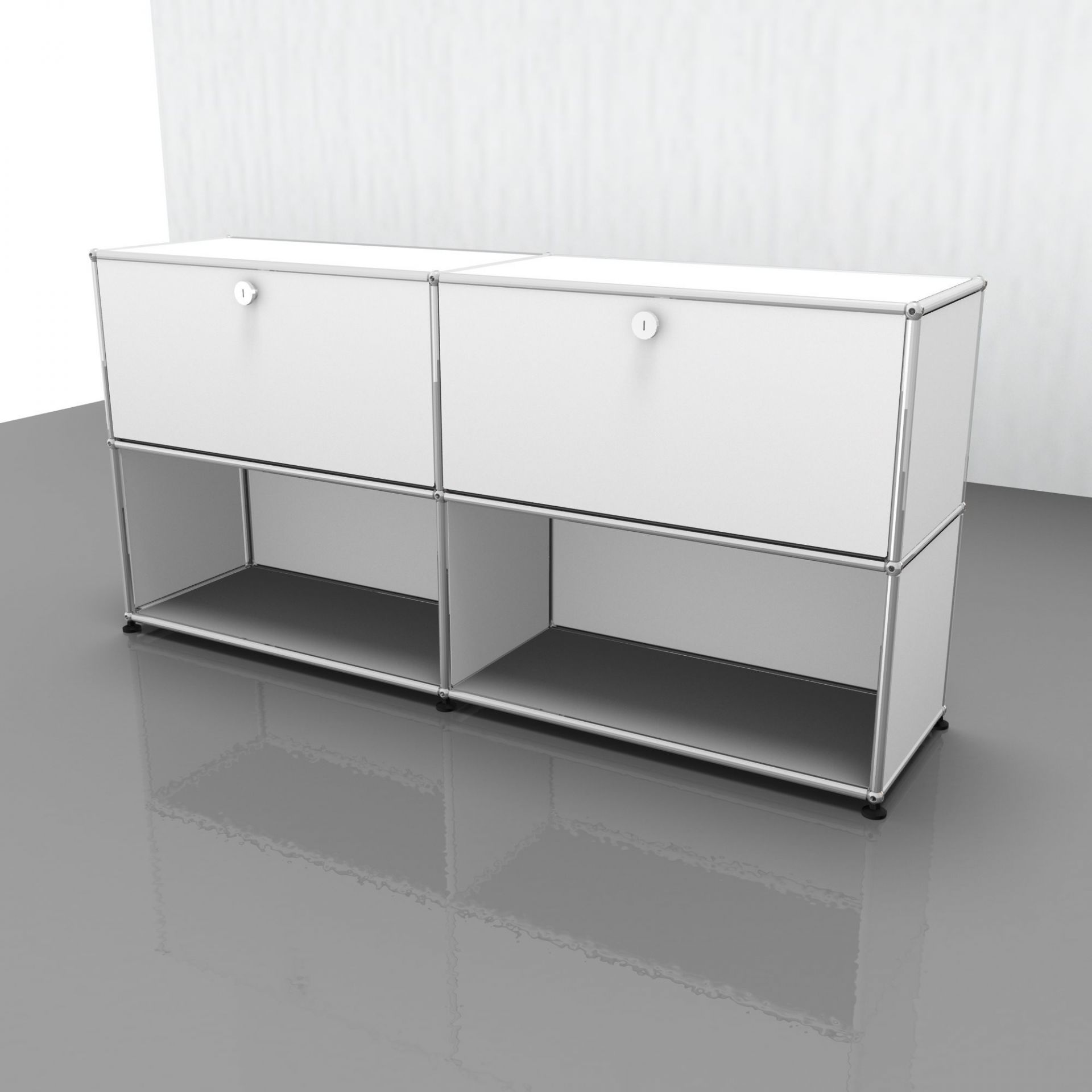 Weißes USM Haller Sideboard mit zwei Klappen und verchromtem Gestell, modernes Designmöbel.