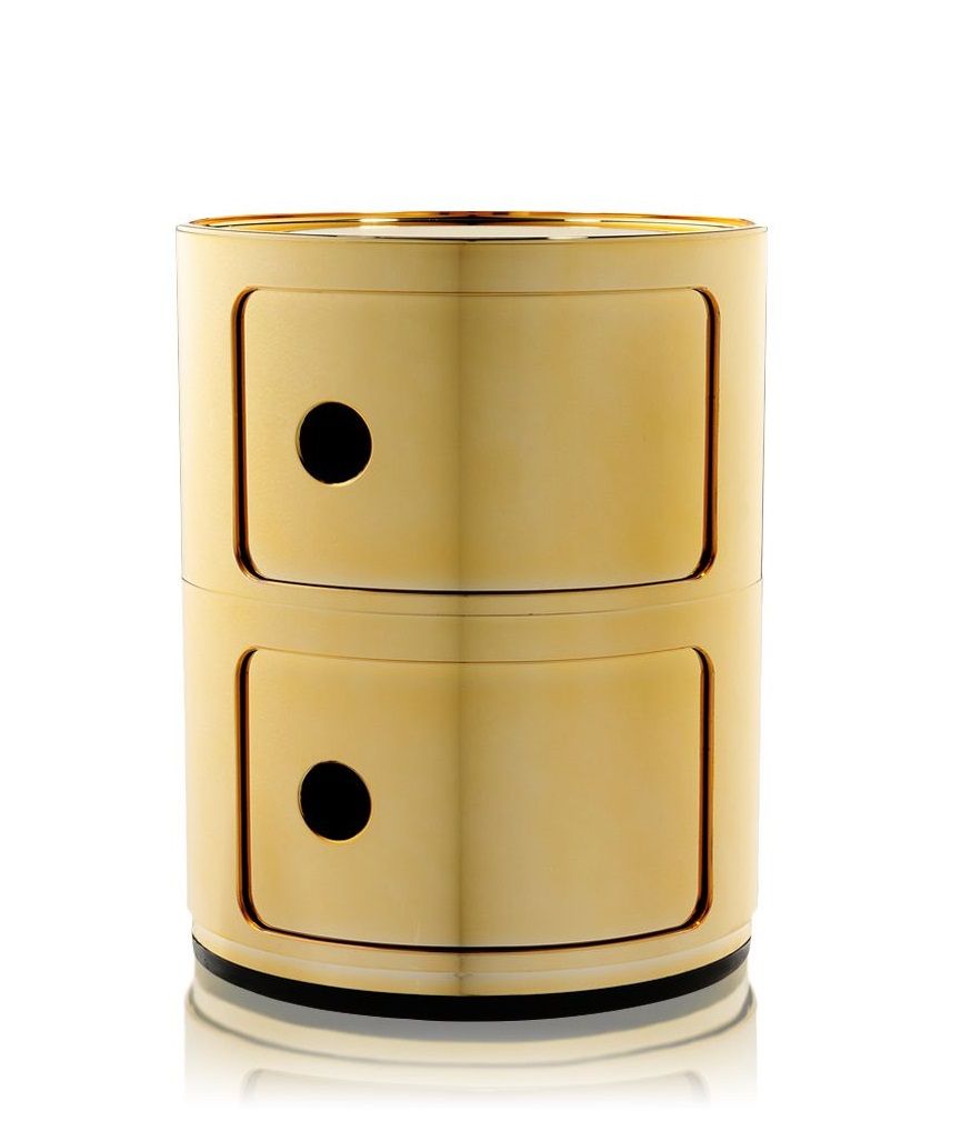 Goldener Kartell Componibili 2er Element Nachttisch/Beistelltisch aus Metall, modernes Design mit zwei Fächern.