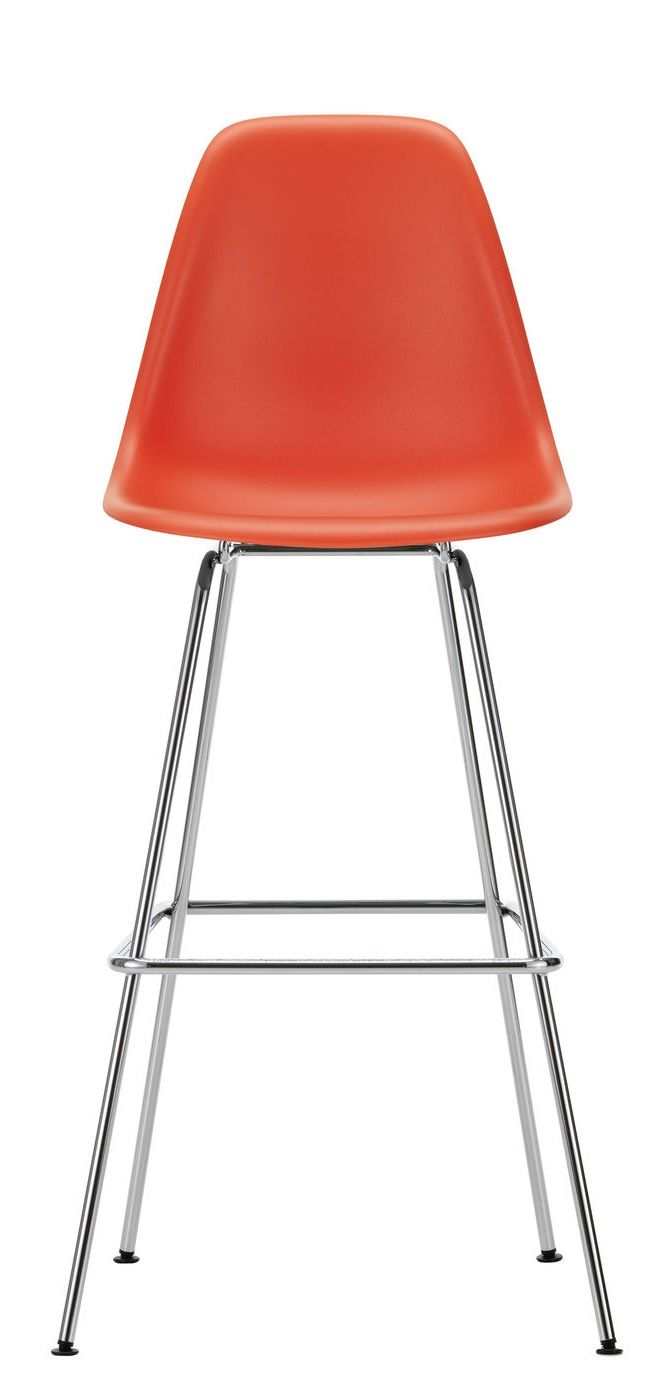 Oranger Eames Barhocker mit Chromgestell, Ansicht von vorne. Design Barstuhl von Vitra.