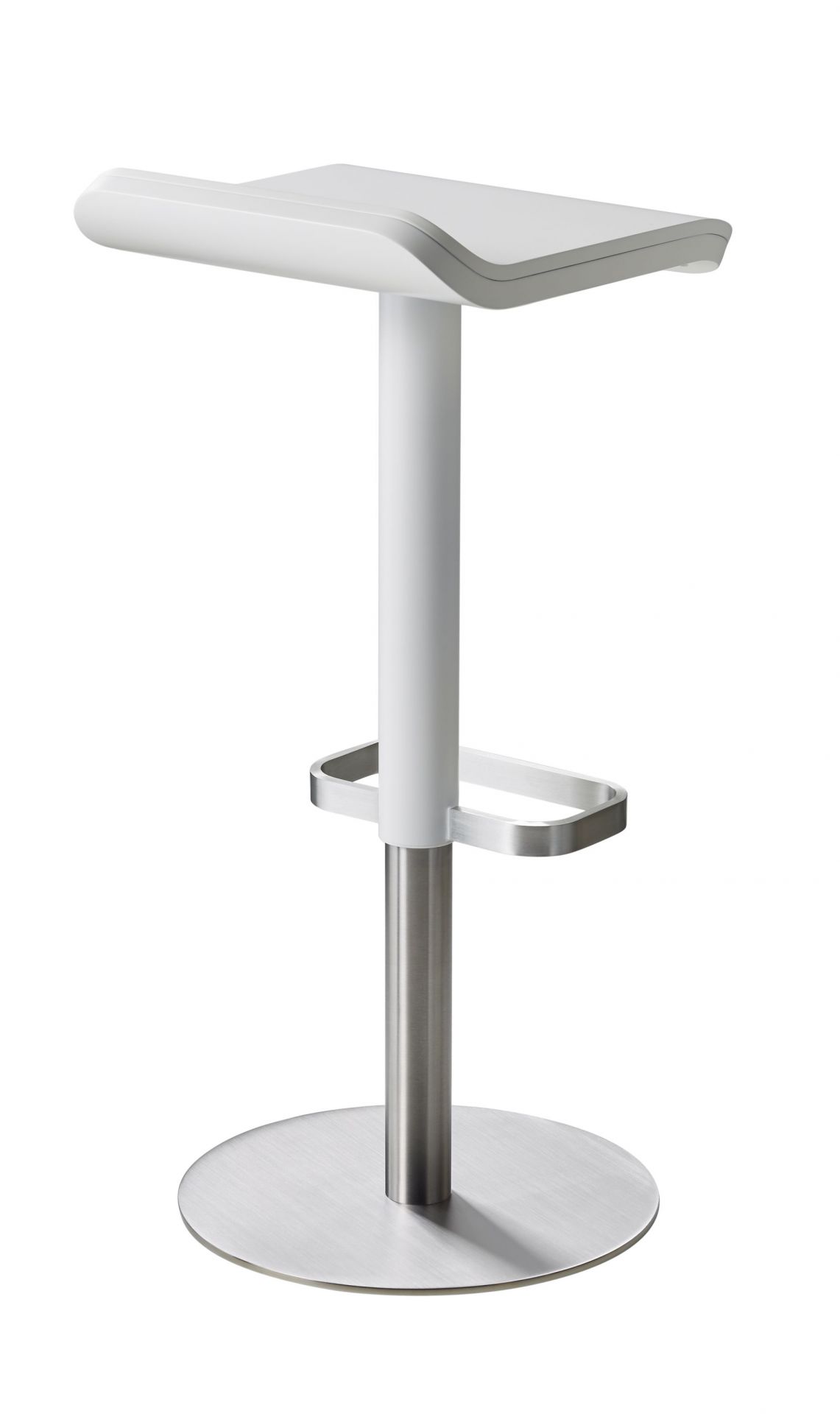 Weißer, höhenverstellbarer ED Barhocker von Moree mit Fußstütze und rundem Fuß aus Metall.