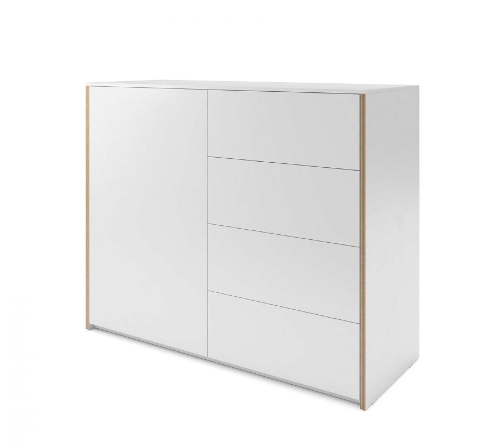 Weiße Modular Plus Kommode von Müller Möbelwerkstätten mit Tür links und drei Schubladen.