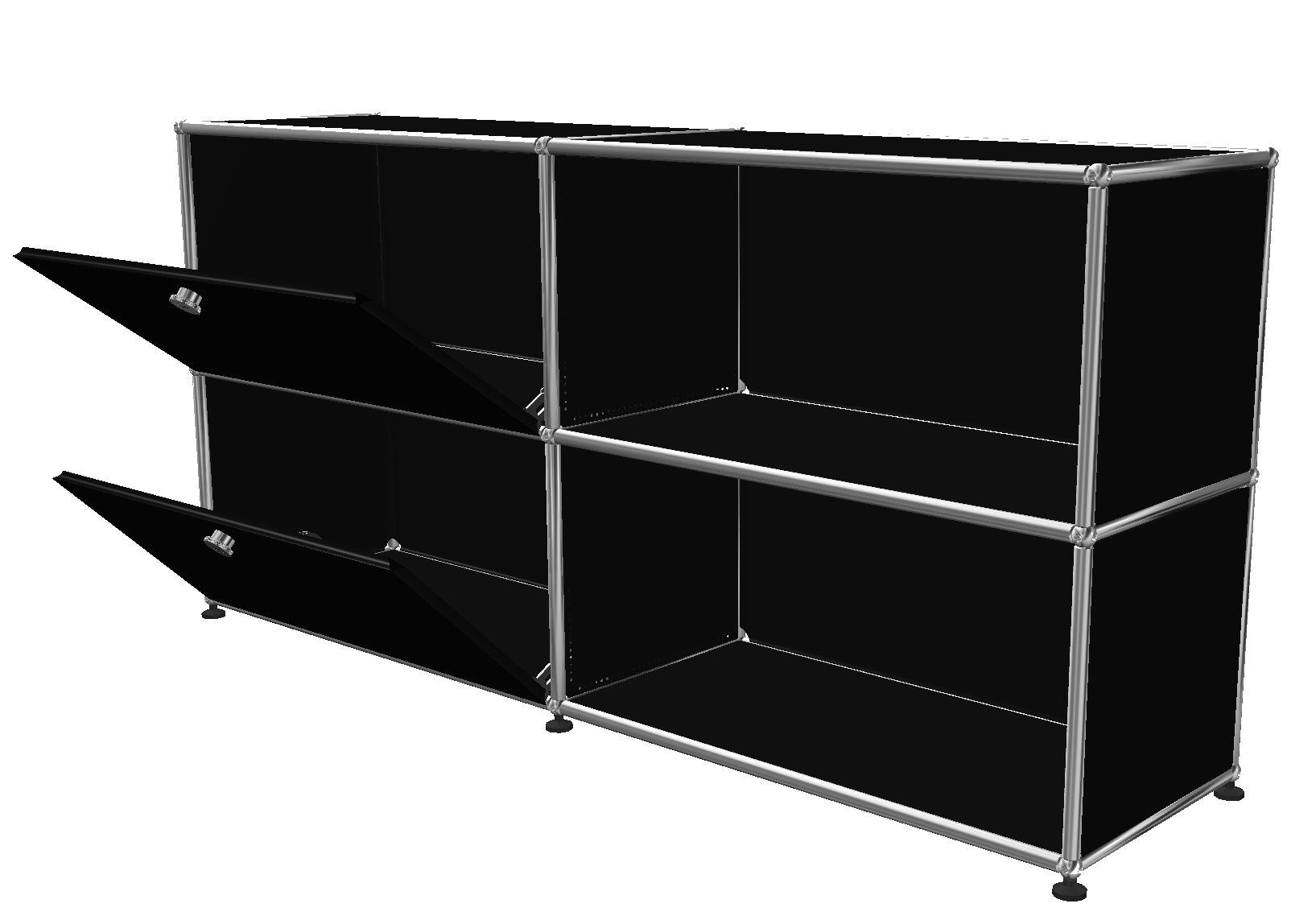 USM Haller Sideboard in Graphitschwarz mit zwei offenen Fächern und zwei Klappen links.