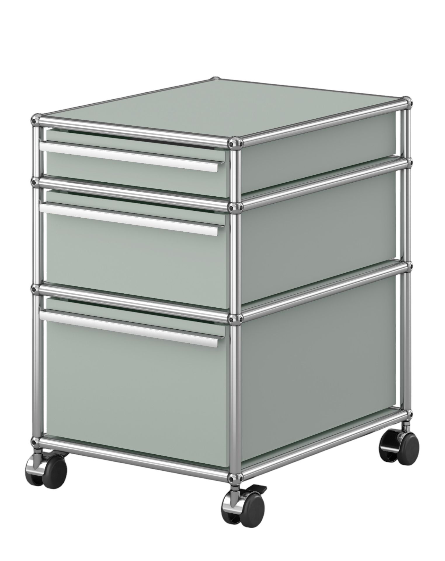 USM Haller Rollcontainer in Lichtgrau mit drei Schubladen und verchromtem Gestell auf Rollen.