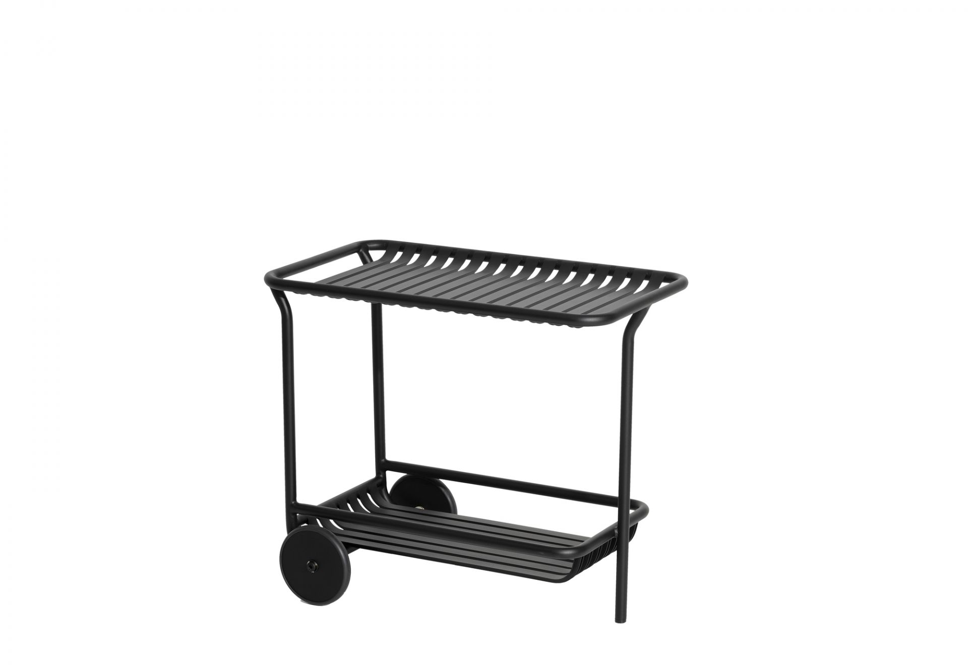 Schwarzer Petite Friture Servierwagen für den Outdoor-Bereich mit zwei Ablageflächen und Rädern.