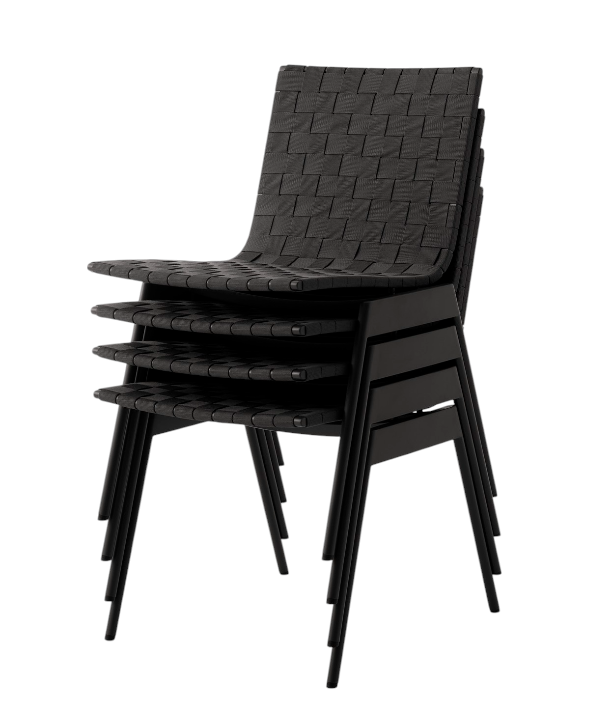 Stapel aus vier schwarzen Ville AV33 Outdoor Stühlen von AndTradition mit geflochtener Sitzfläche.