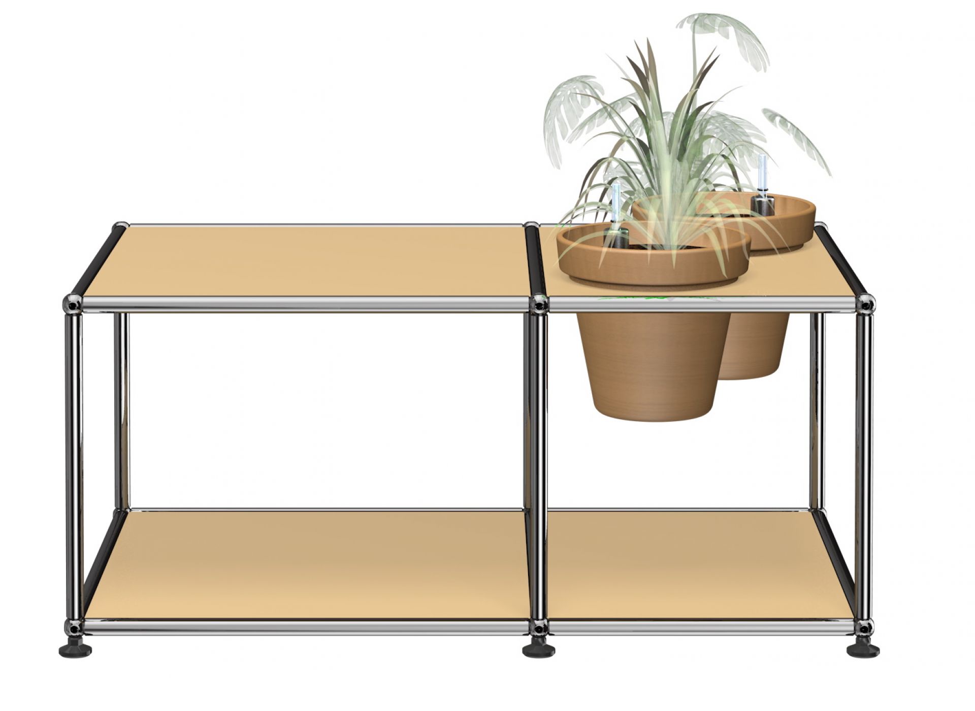 Beiger USM Haller Beistelltisch mit zwei Pflanzenwelten-Einsätzen und Pflanzen in braunen Töpfen.