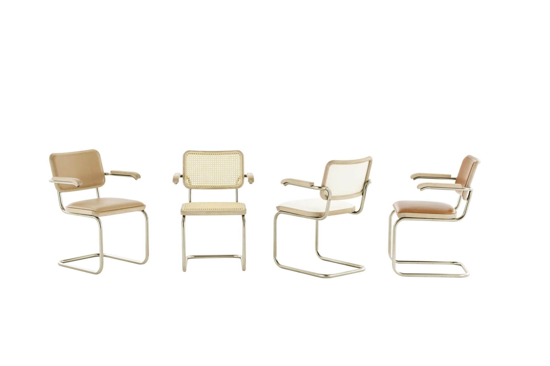 JS. Thonet S 64 P Freischwinger Stühle mit Leder, Wiener Geflecht und Stoffbezug, Chromgestell.