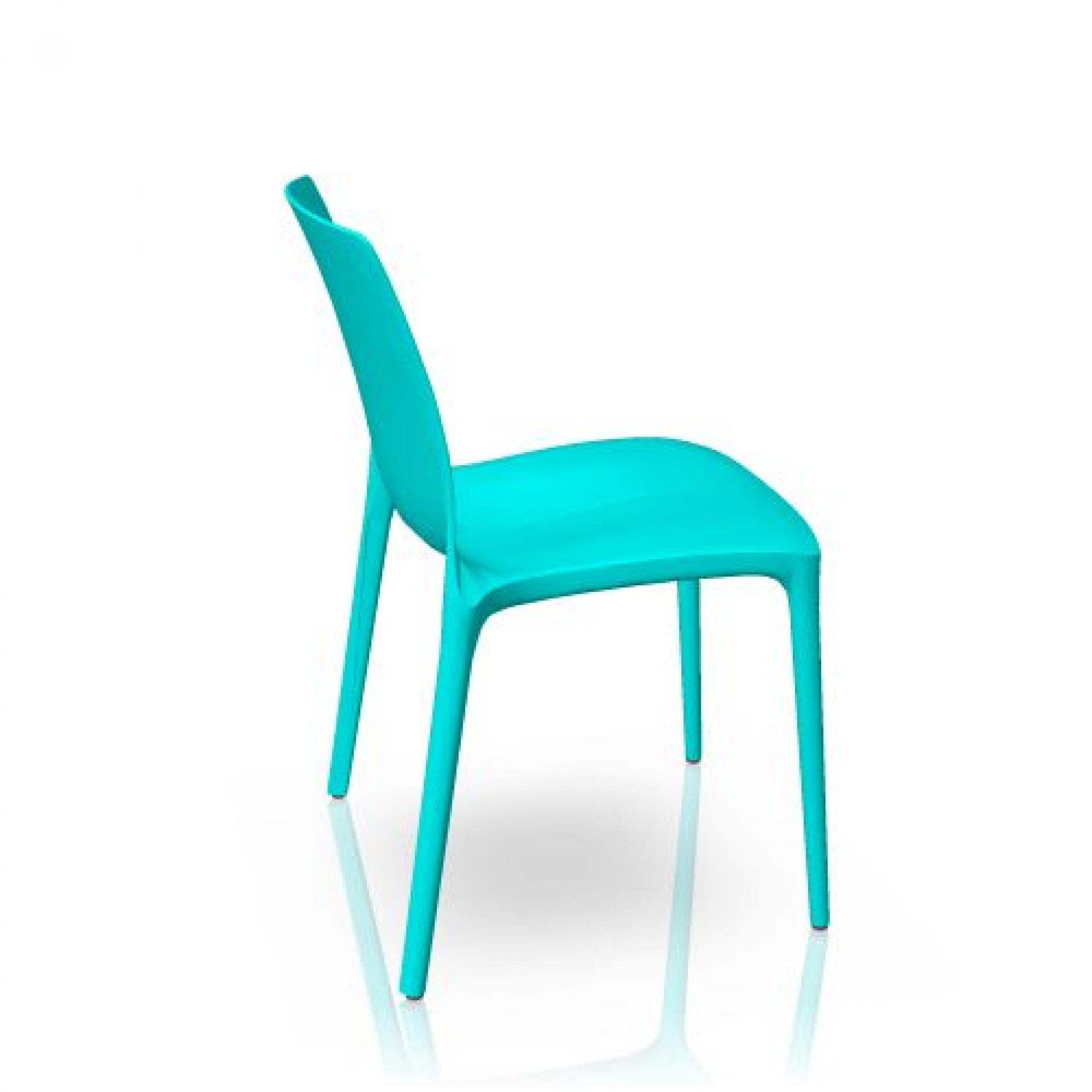Türkisblauer Kunststoffstuhl "twin" von Brunner, Seitenansicht. Moderner Designstuhl für Innen- und Außenbereich.