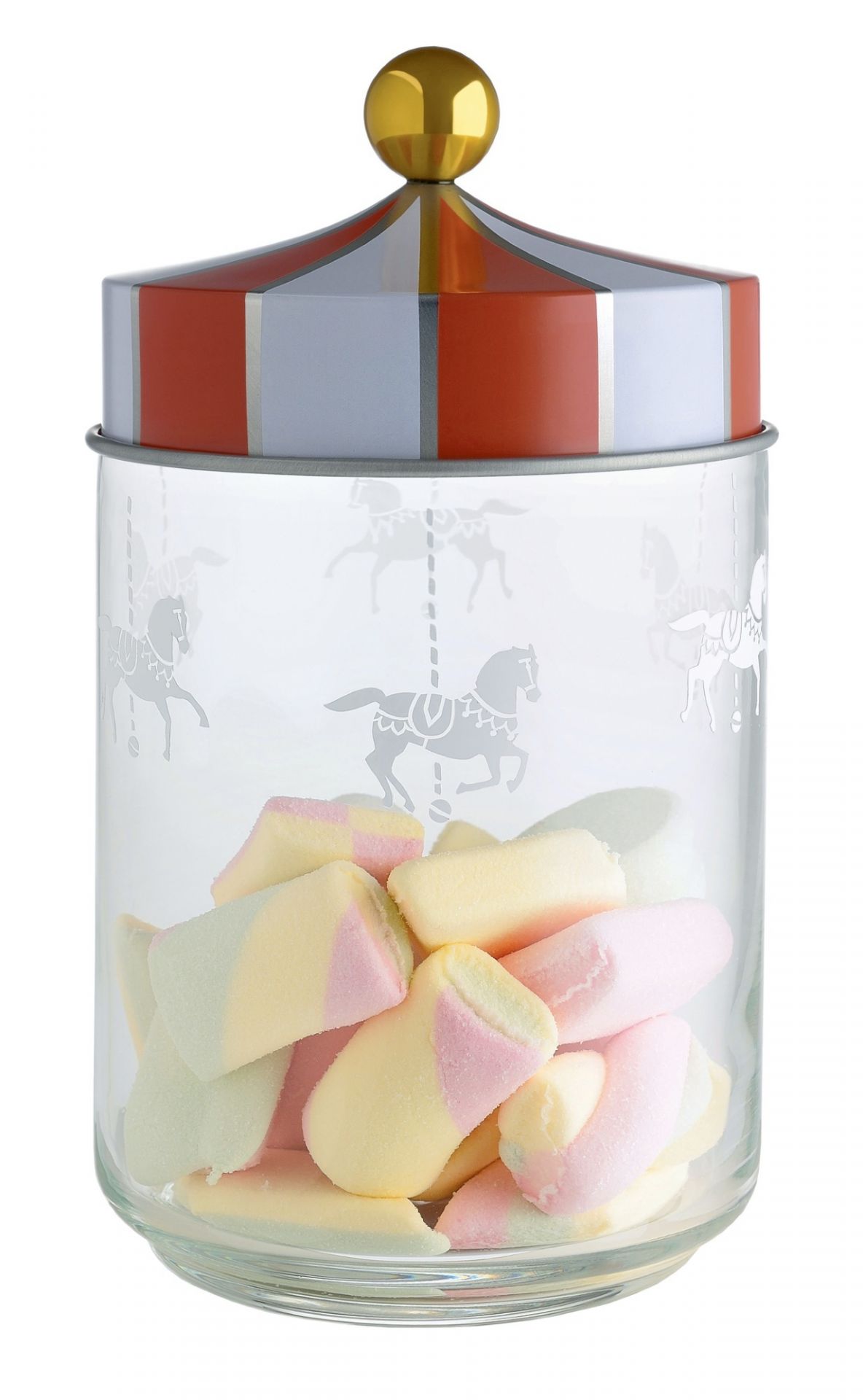 Alessi Circus Küchendose: Glasbehälter mit Zirkusmotiv und Marshmallows, ideal zur Aufbewahrung von Süßigkeiten.