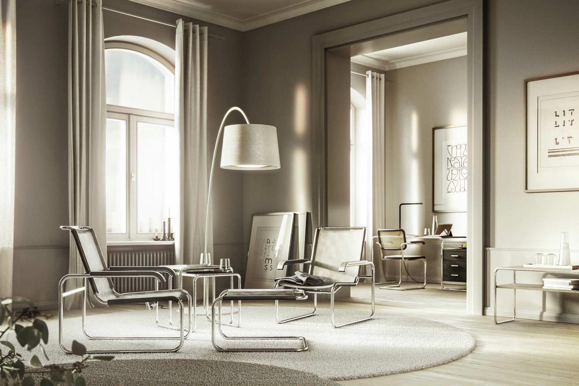 Wohnzimmer mit Thonet S 35 LH Hocker und passendem Sessel im Bauhaus-Stil.