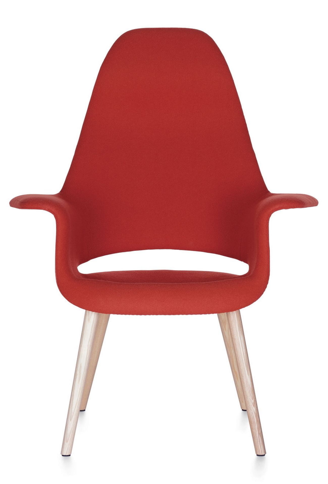 Roter Organic Highback Chair Stuhl von Vitra mit Holzbeinen, moderner Sessel für Wohnzimmer.