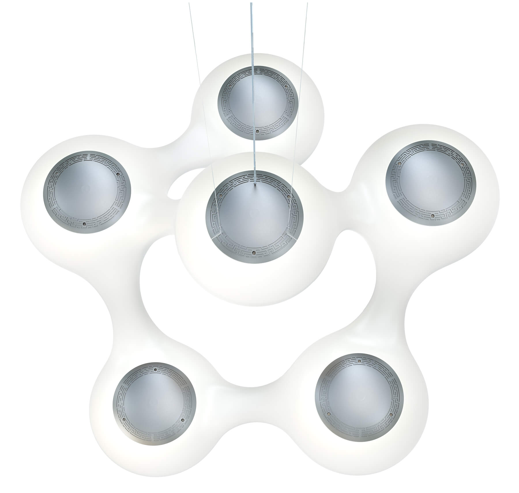 Weiße Cosmo Pendelleuchte Next mit fünf Leuchtkörpern, moderne Hängelampe für Wohnzimmer und Esszimmer.