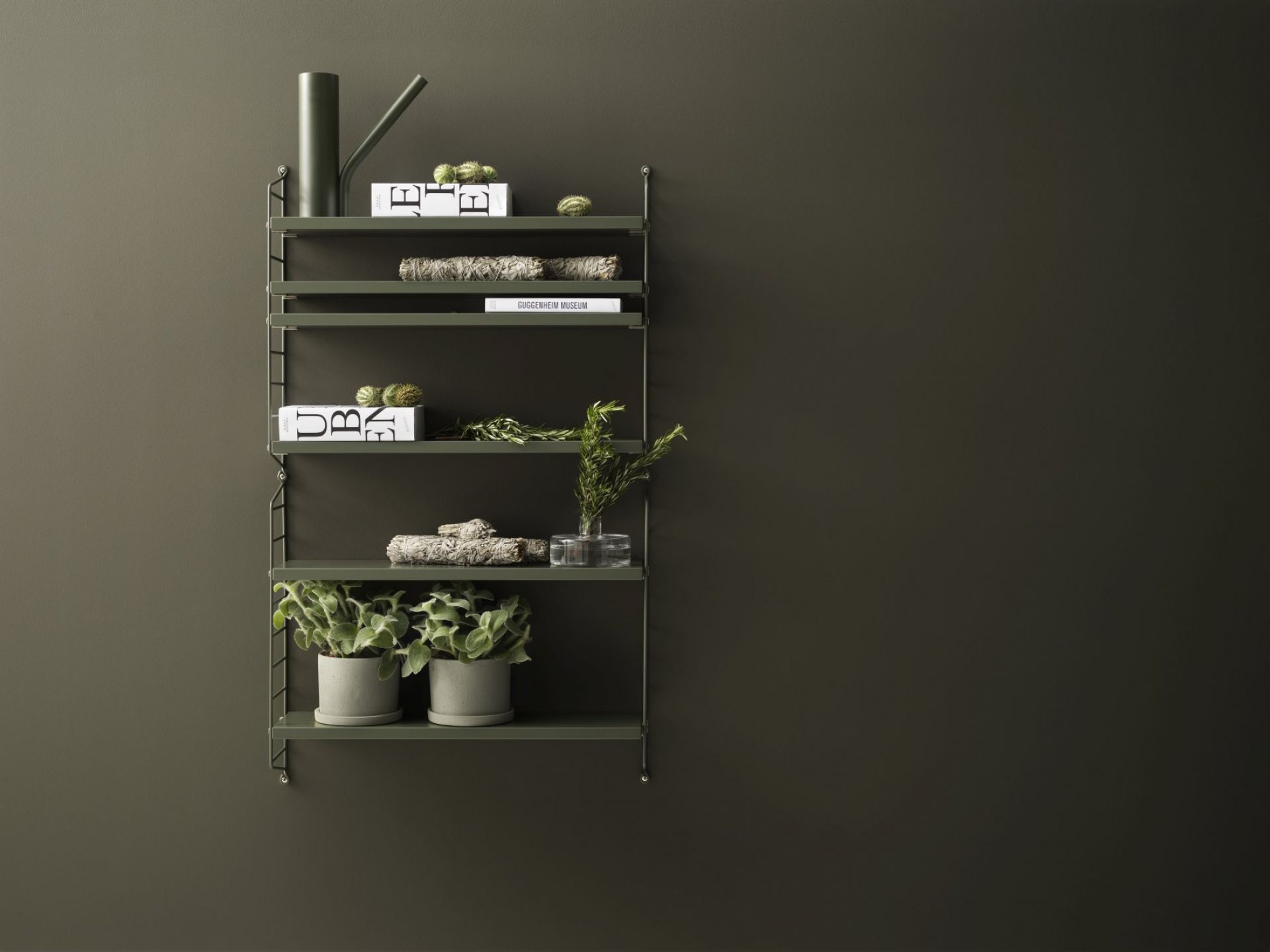 Grünes String Regal mit Dekoration an einer dunklen Wand. String Pocket Regal von String Furniture.