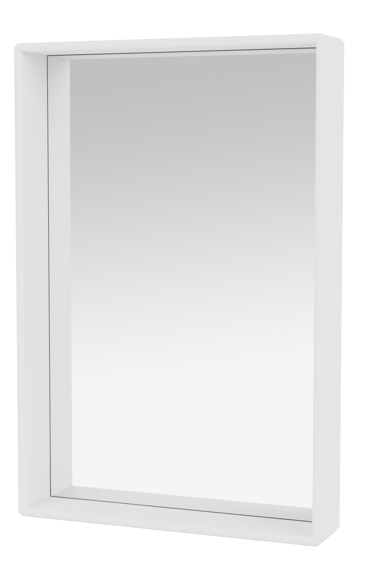 Weißer Montana Spiegel mit Rahmen und Ablagefläche, ideal als Shelfie Spiegel.